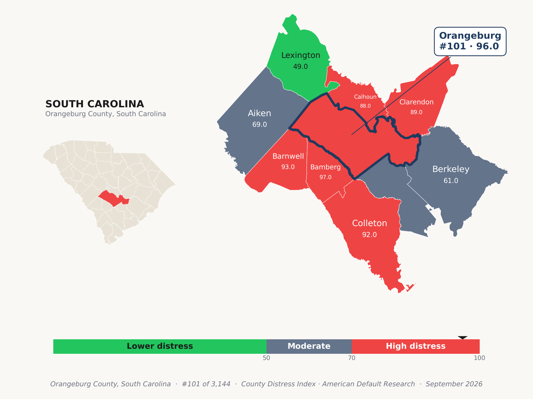 County Distress Index cluster map. Orangeburg County, South Carolina and its neighbors colored by county distress score label.