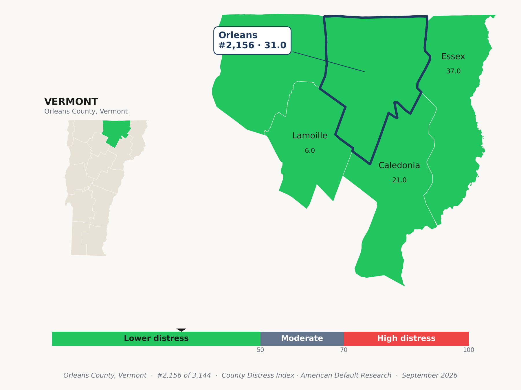 County Distress Index cluster map. Orleans County, Vermont and its neighbors colored by county distress score label.