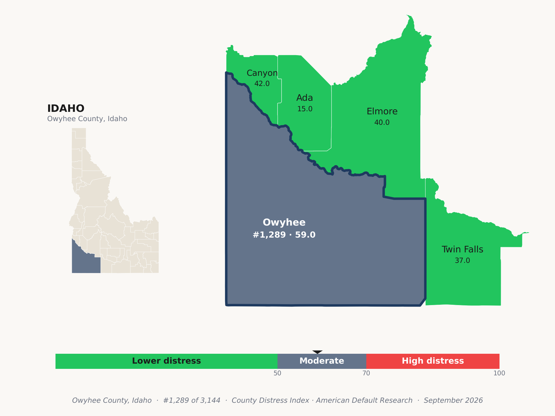 County Distress Index cluster map. Owyhee County, Idaho and its neighbors colored by county distress score label.
