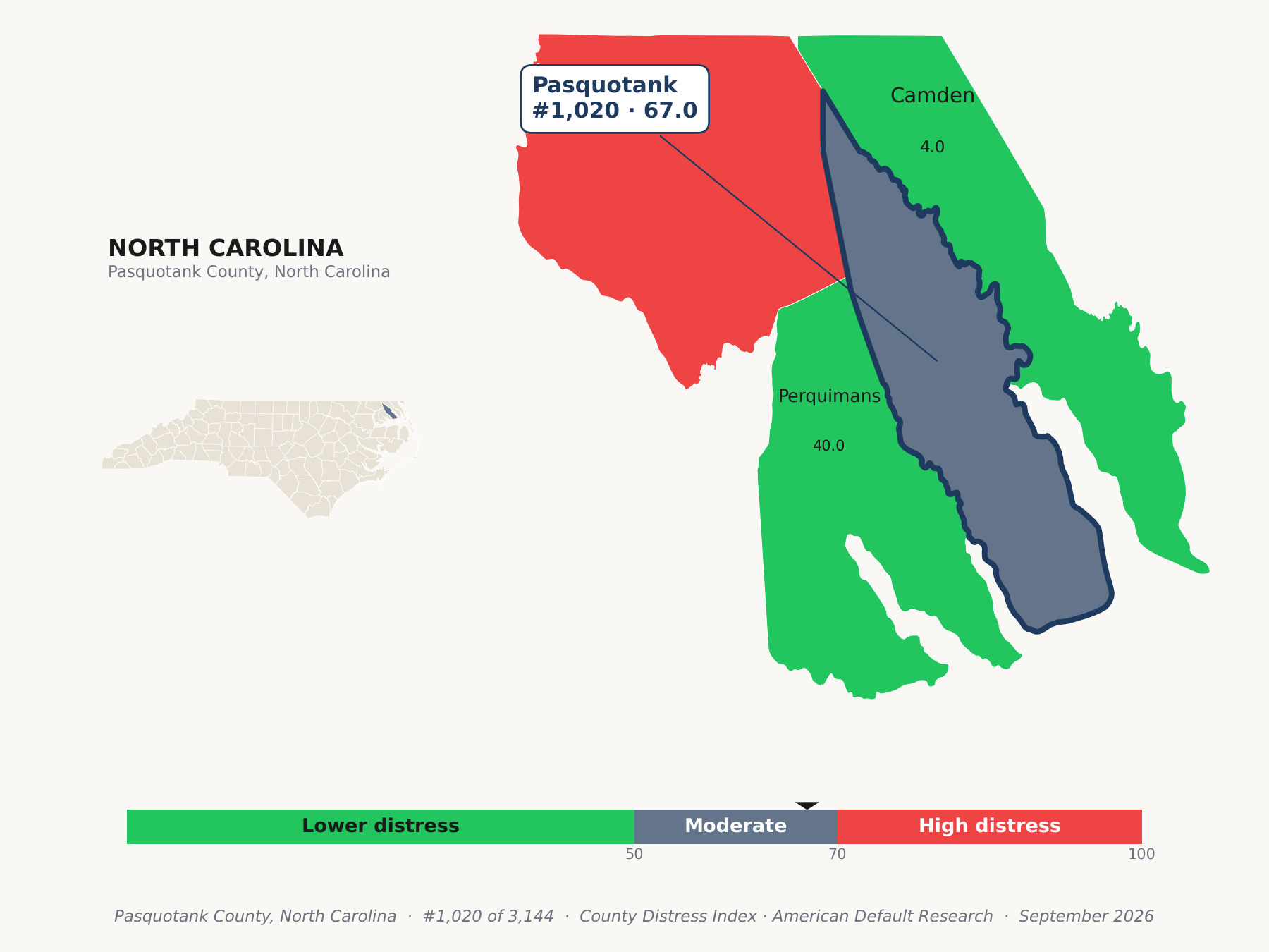 County Distress Index cluster map. Pasquotank County, North Carolina and its neighbors colored by county distress score label.