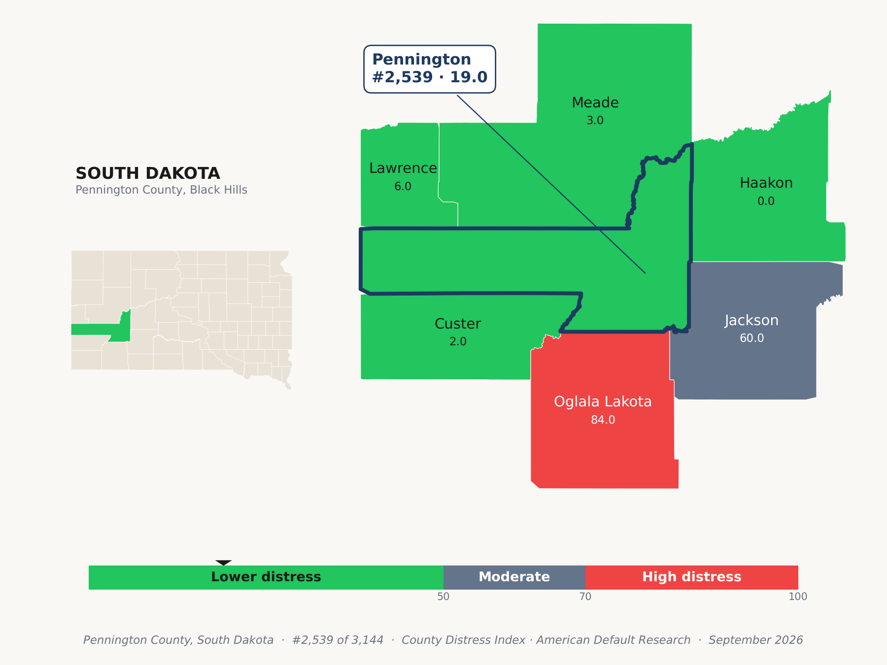 County Distress Index cluster map. Pennington County, South Dakota and its neighbors colored by county distress score label.