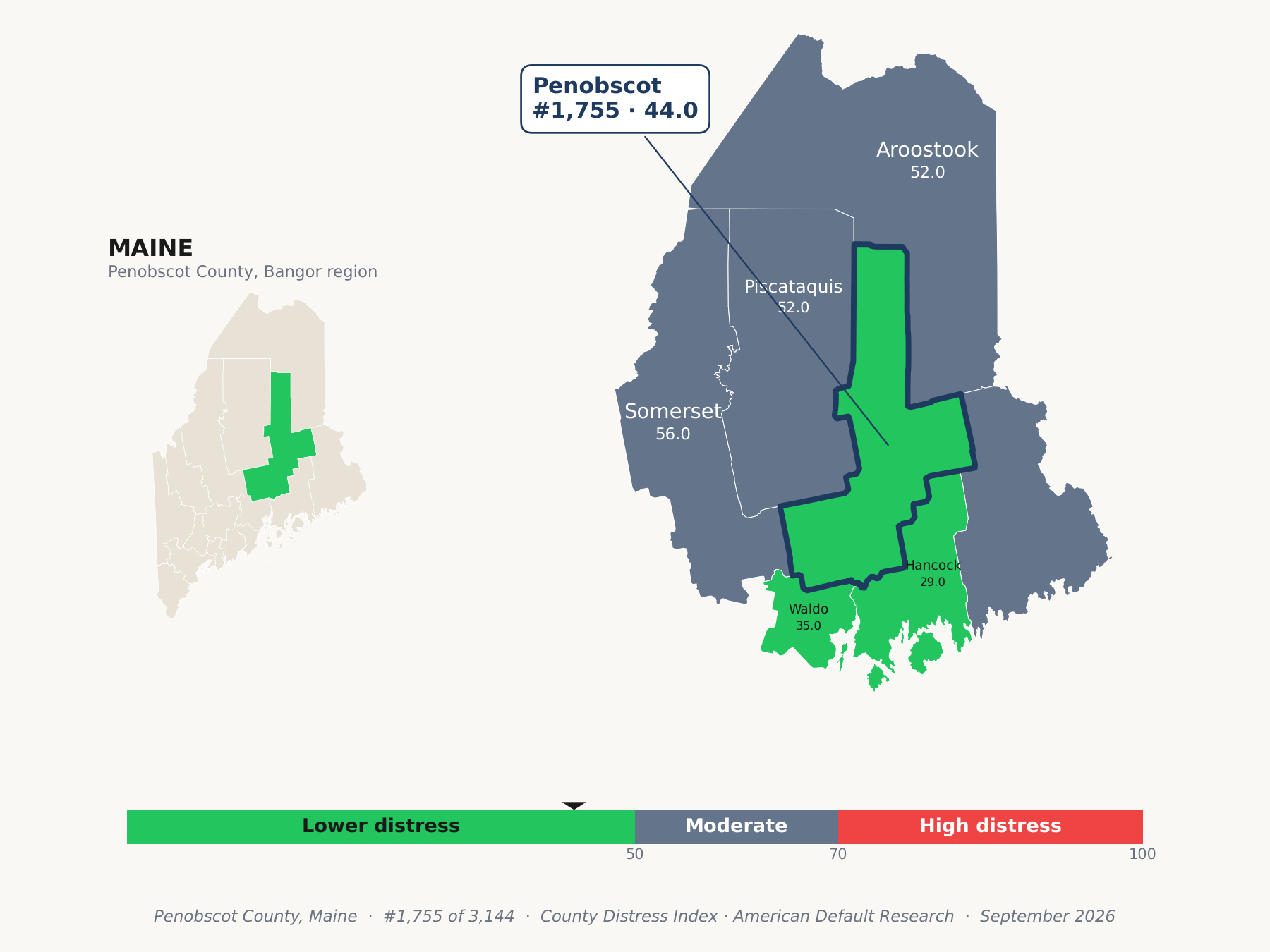 County Distress Index cluster map. Penobscot County, Maine and its neighbors colored by county distress score label.
