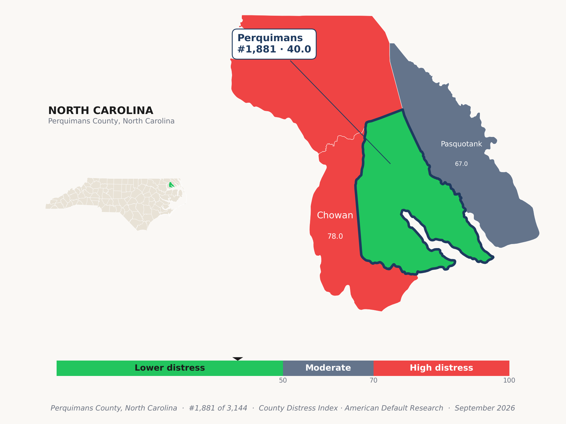 County Distress Index cluster map. Perquimans County, North Carolina and its neighbors colored by county distress score label.