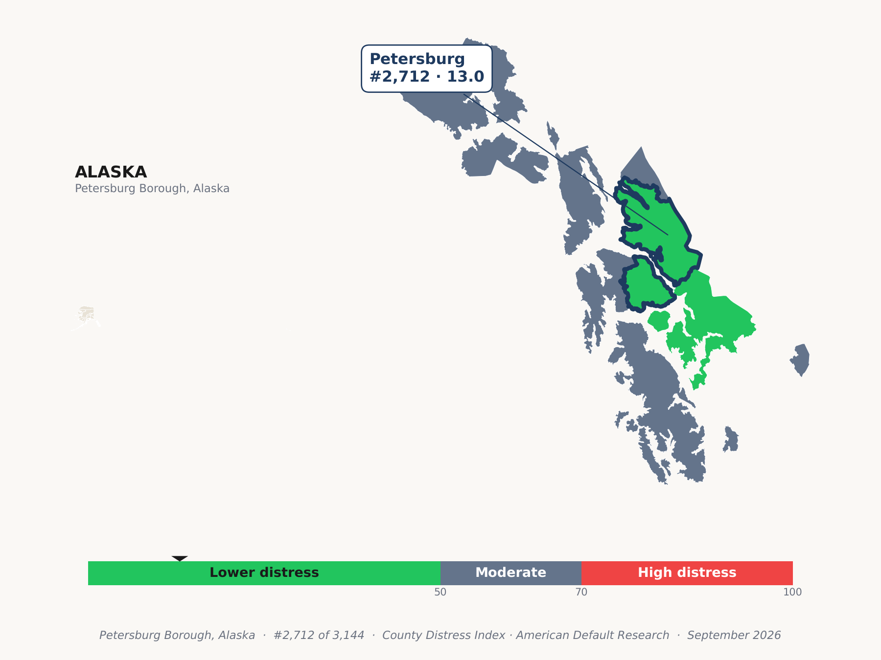 County Distress Index cluster map. Petersburg Borough, Alaska and its neighbors colored by county distress score label.