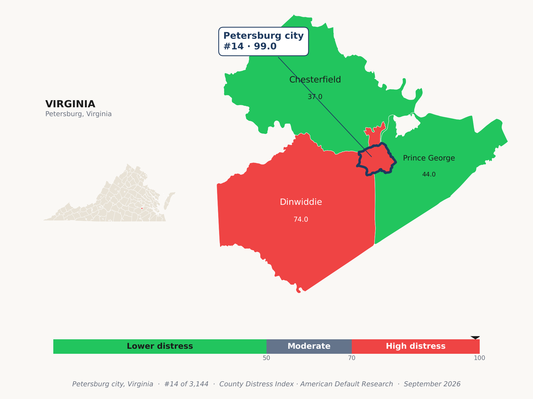 County Distress Index cluster map. Petersburg city, Virginia and its neighbors colored by county distress score label.