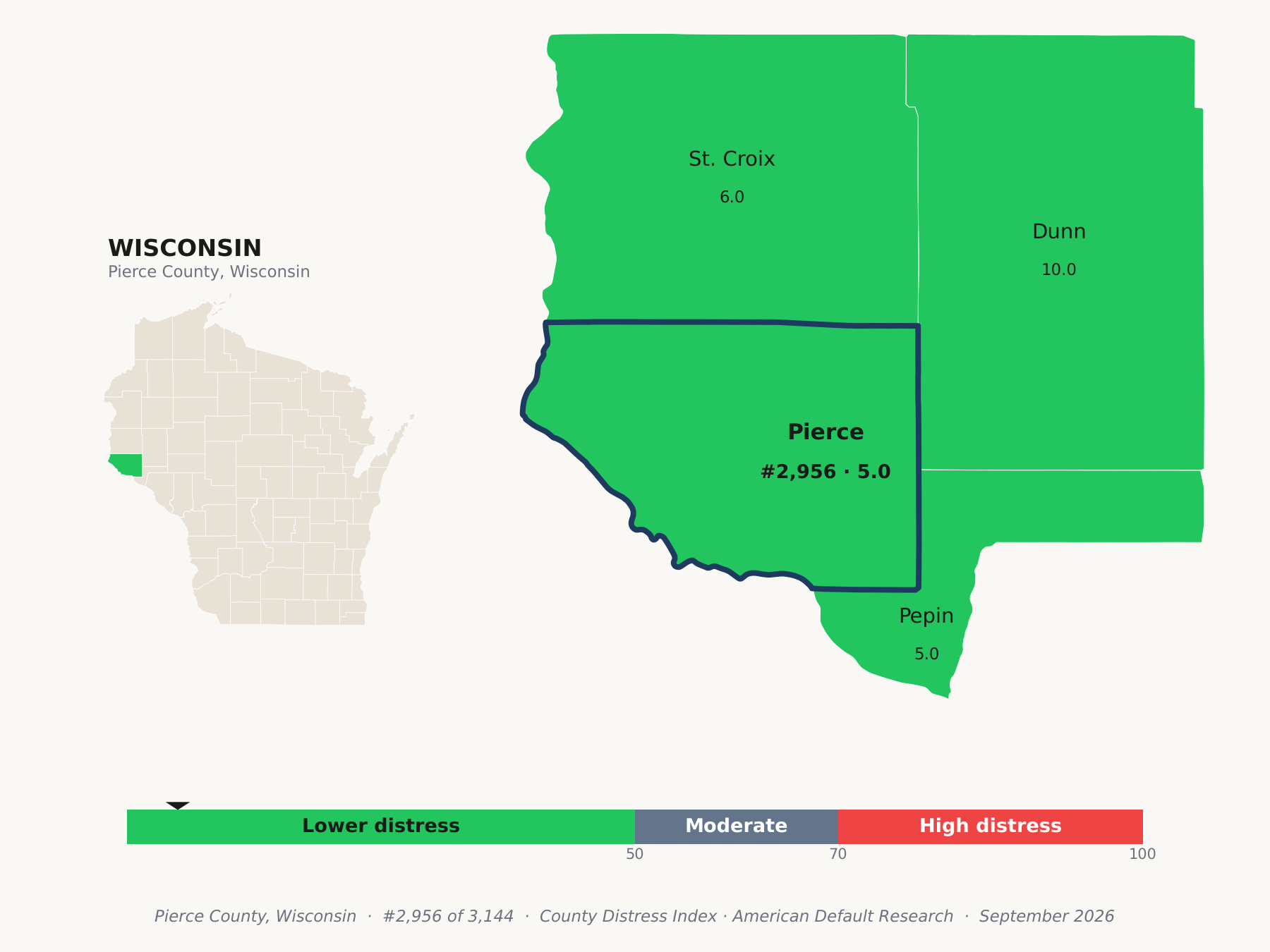 County Distress Index cluster map. Pierce County, Wisconsin and its neighbors colored by county distress score label.