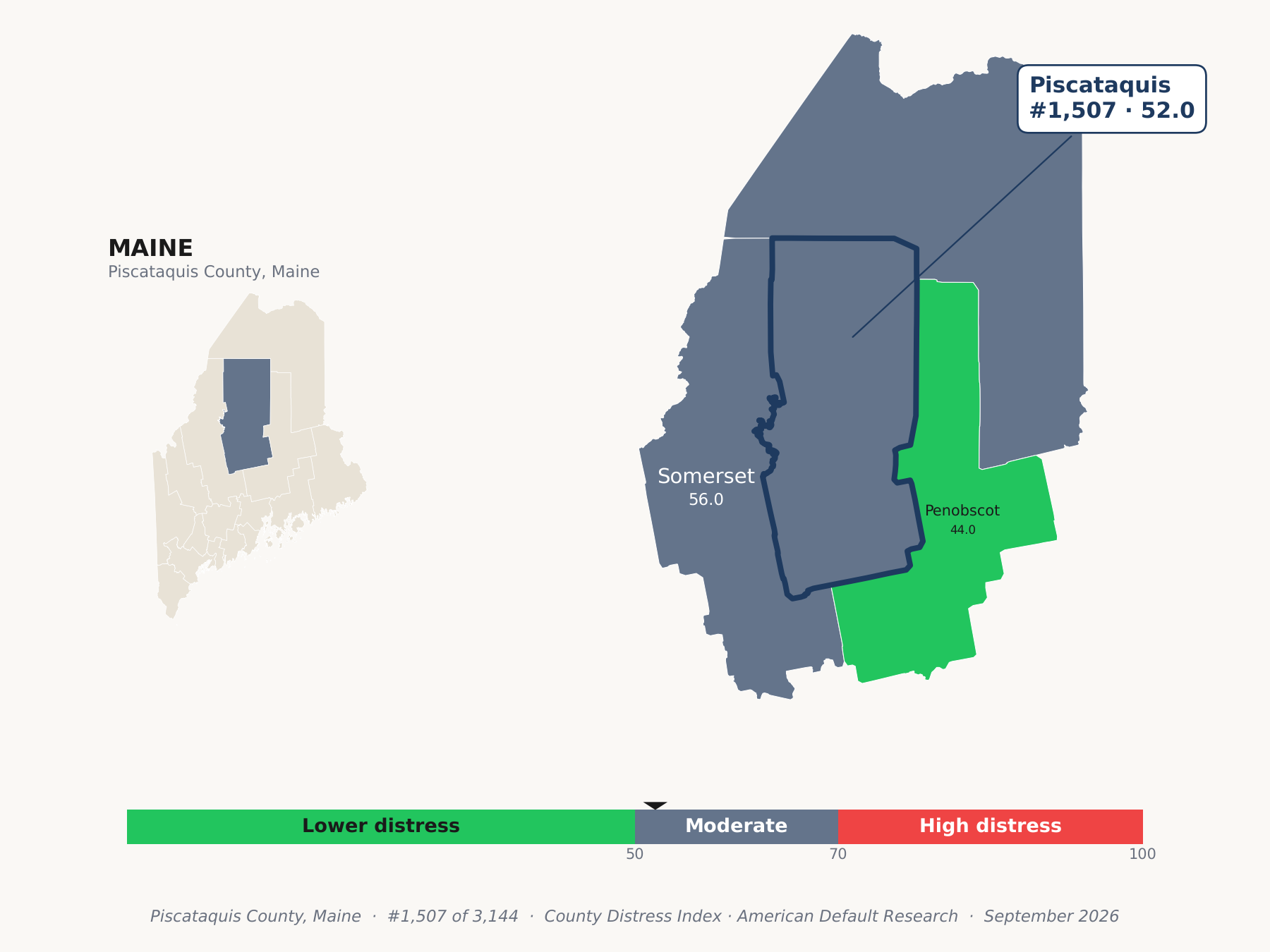County Distress Index cluster map. Piscataquis County, Maine and its neighbors colored by county distress score label.