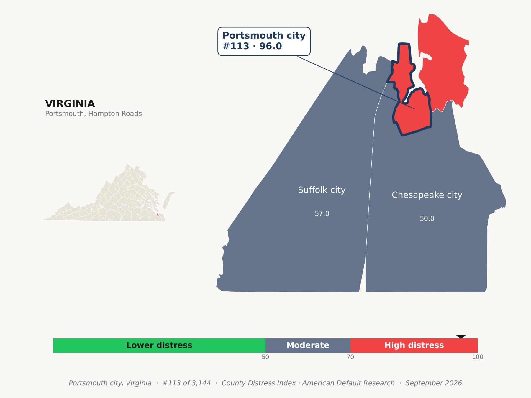 County Distress Index cluster map. Portsmouth city, Virginia and its neighbors colored by county distress score label.