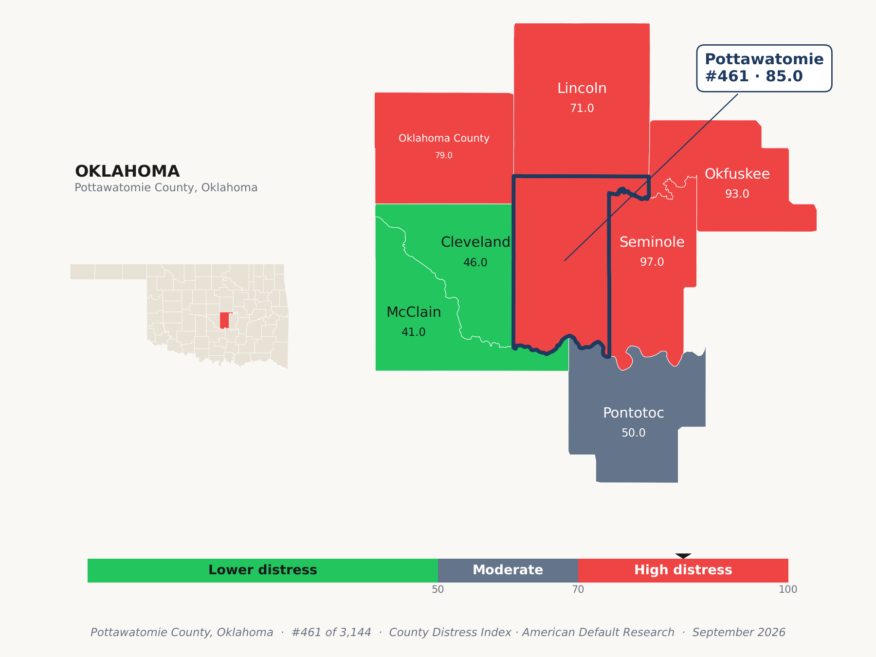 County Distress Index cluster map. Pottawatomie County, Oklahoma and its neighbors colored by county distress score label.