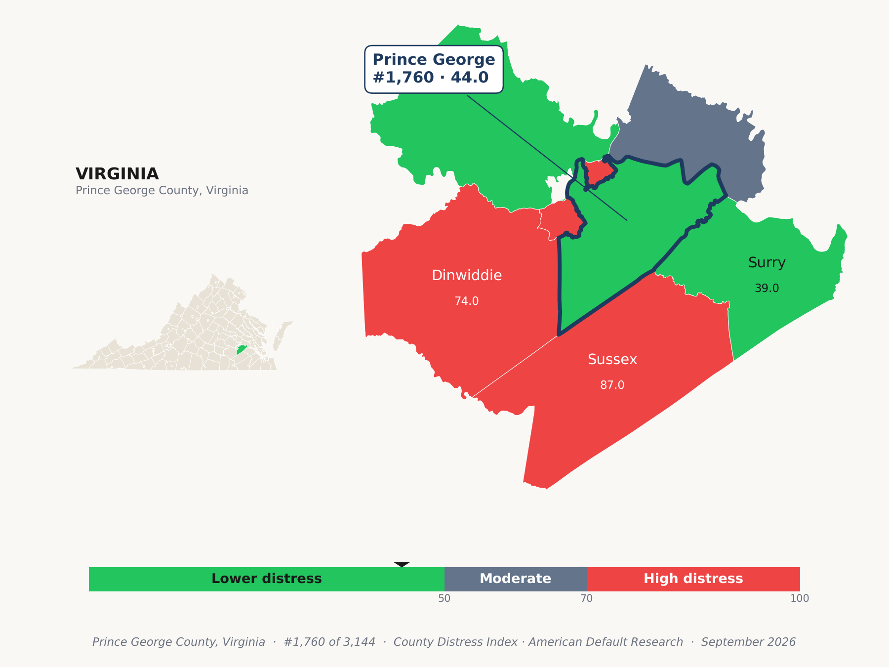 County Distress Index cluster map. Prince George County, Virginia and its neighbors colored by county distress score label.