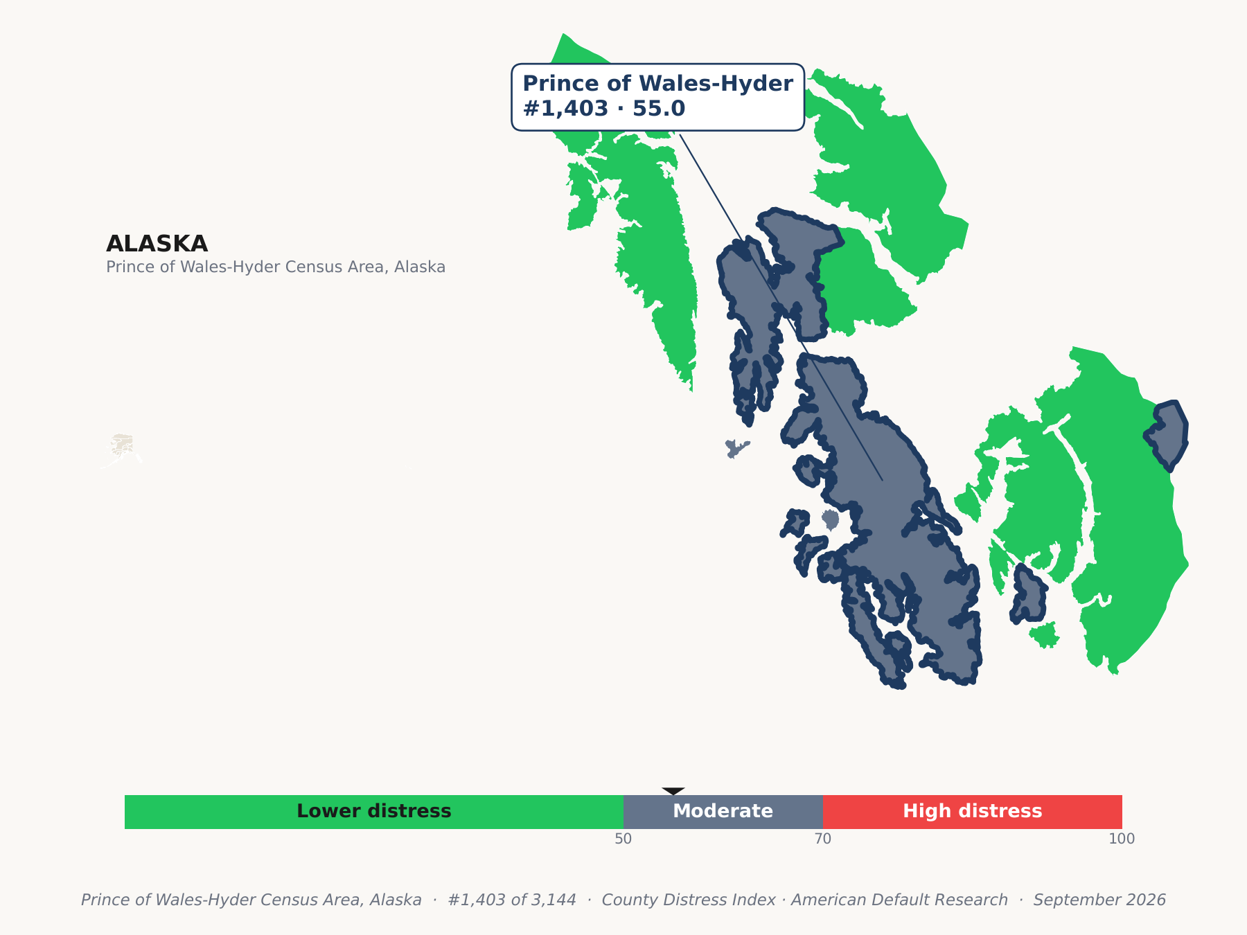 County Distress Index cluster map. Prince of Wales-Hyder Census Area, Alaska and its neighbors colored by county distress score label.