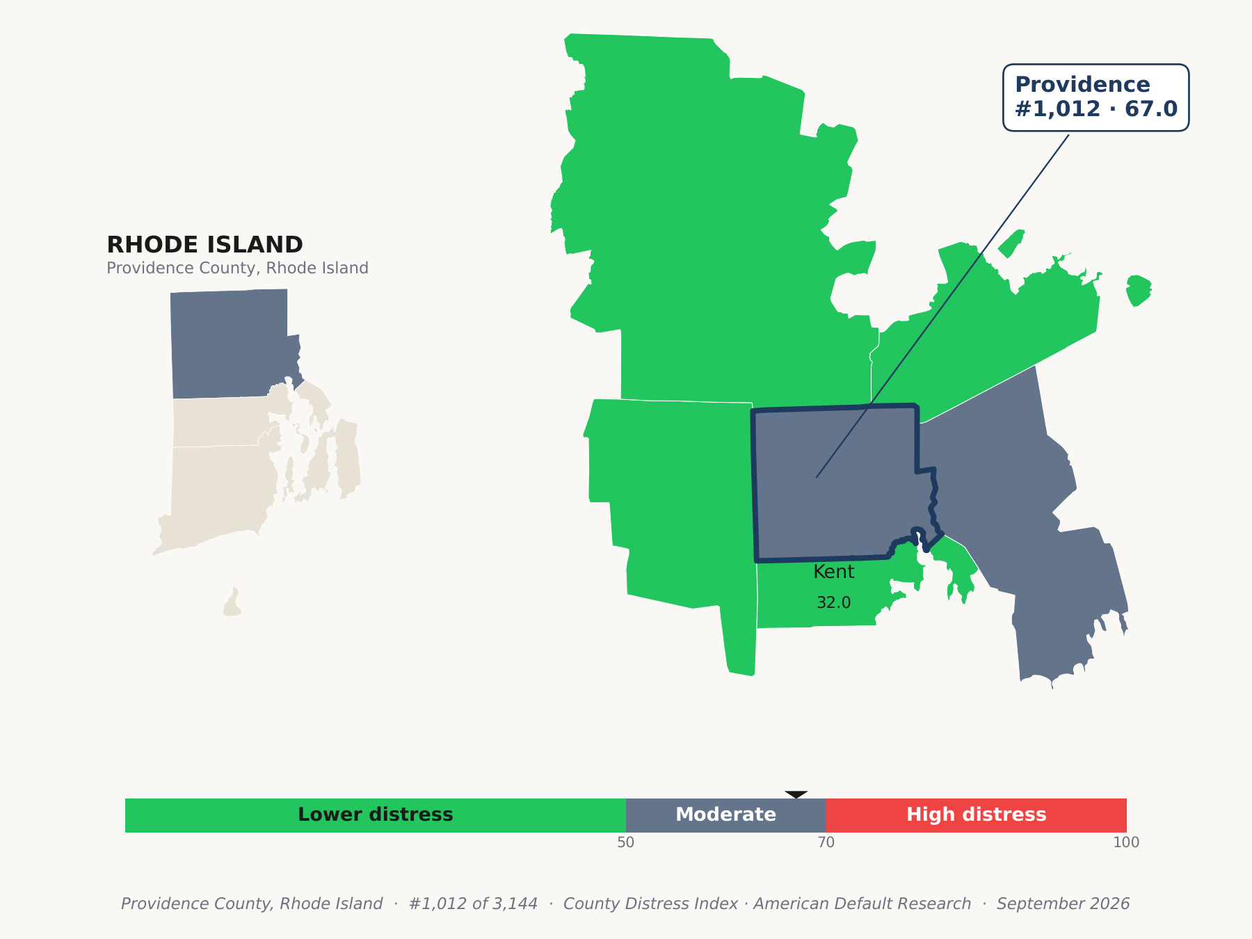 County Distress Index cluster map. Providence County, Rhode Island and its neighbors colored by county distress score label.