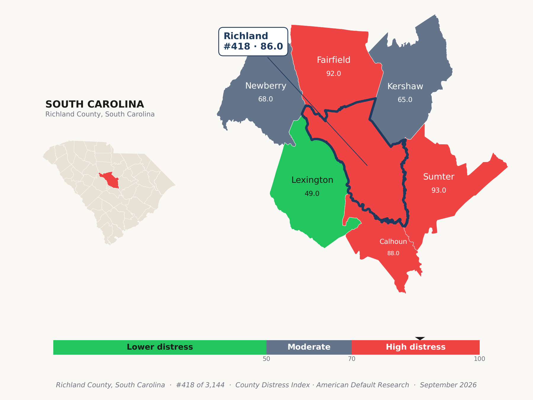 County Distress Index cluster map. Richland County, South Carolina and its neighbors colored by county distress score label.