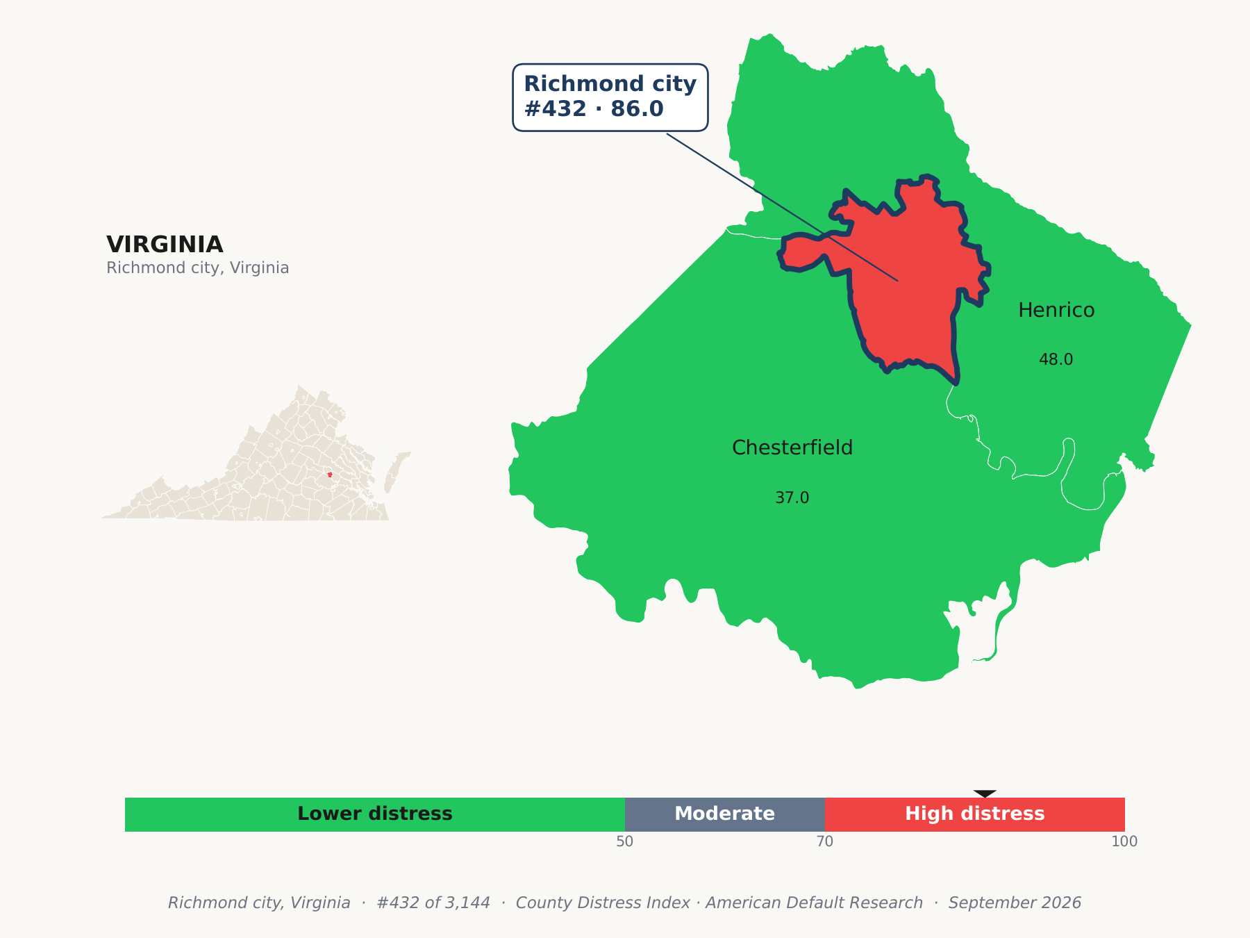 County Distress Index cluster map. Richmond city, Virginia and its neighbors colored by county distress score label.