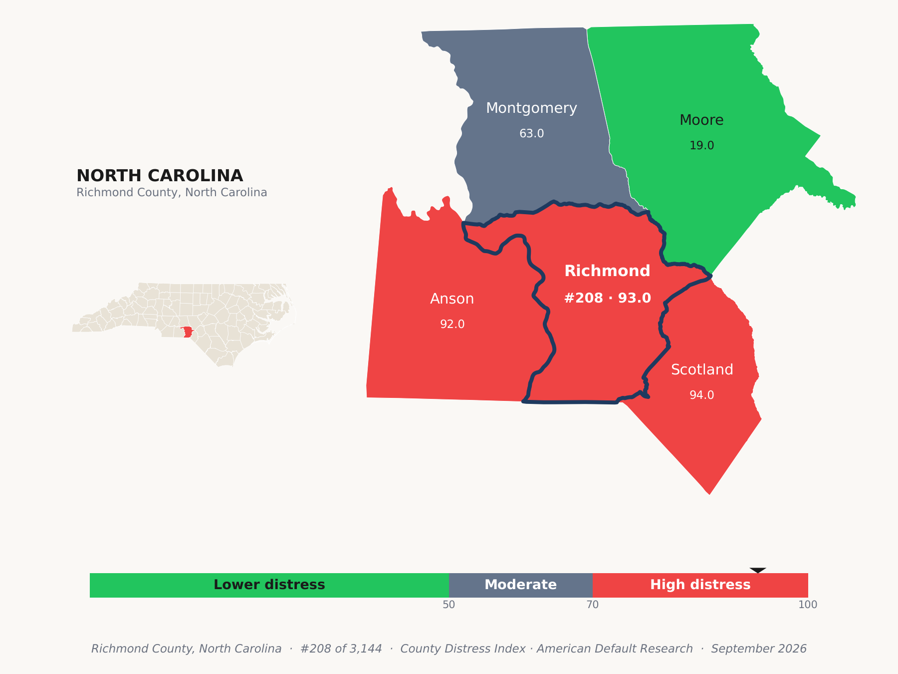 County Distress Index cluster map. Richmond County, North Carolina and its neighbors colored by county distress score label.