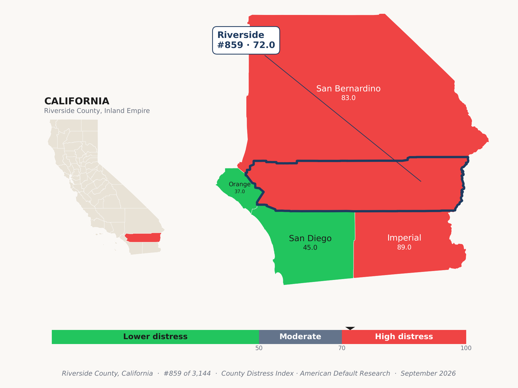 County Distress Index cluster map. Riverside County, California and its neighbors colored by county distress score label.