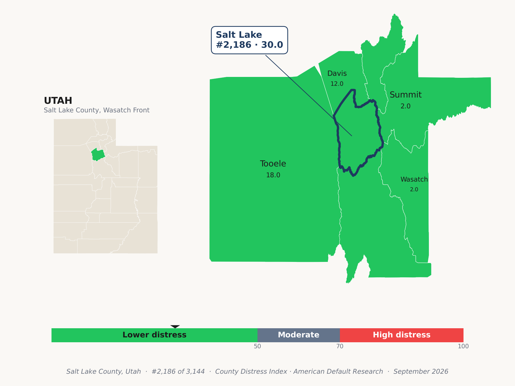 County Distress Index cluster map. Salt Lake County, Utah and its neighbors colored by county distress score label.