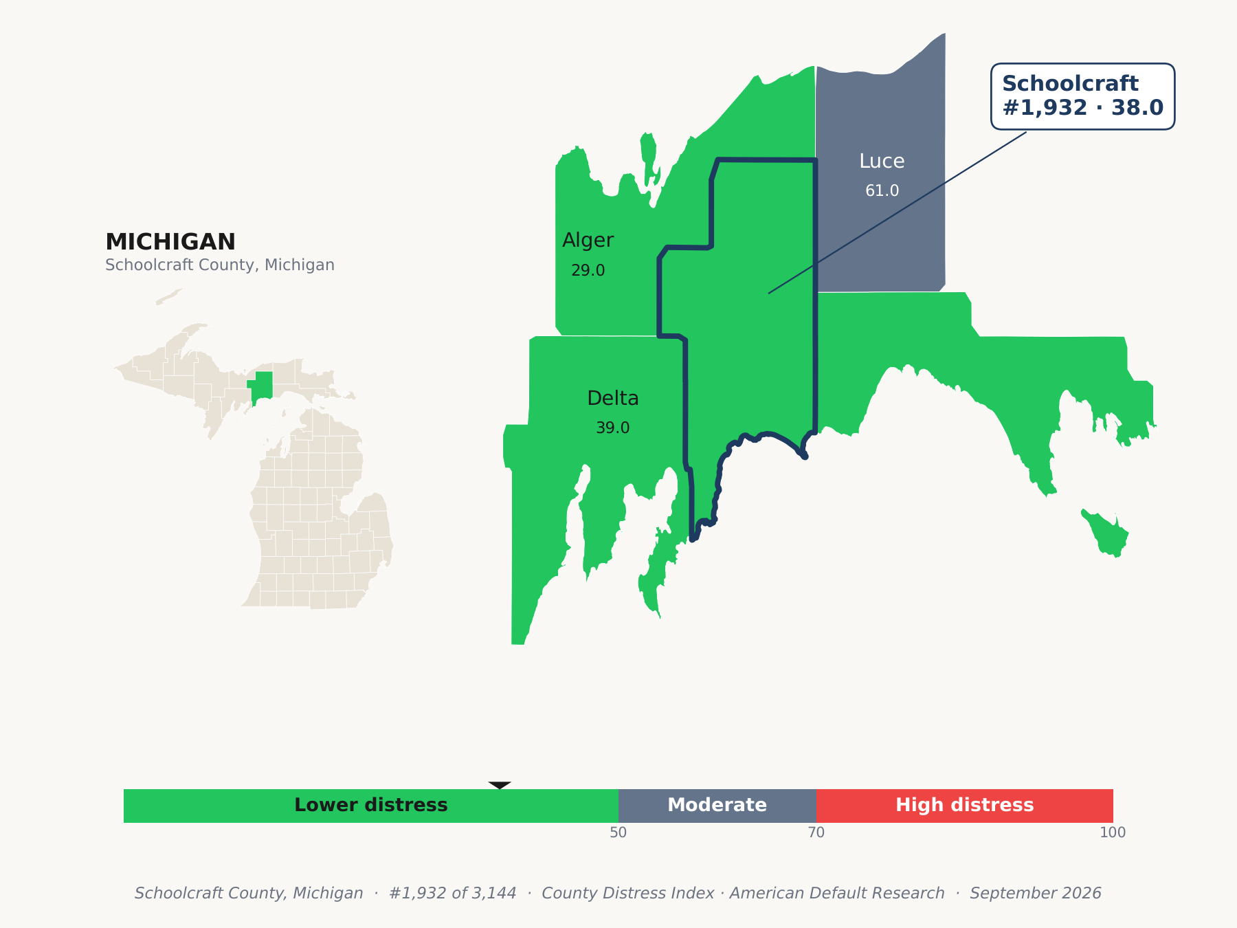 County Distress Index cluster map. Schoolcraft County, Michigan and its neighbors colored by county distress score label.