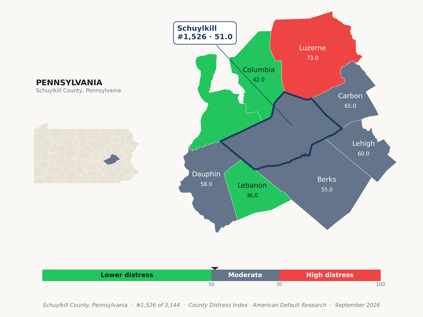 County Distress Index cluster map. Schuylkill County, Pennsylvania and its neighbors colored by county distress score label.