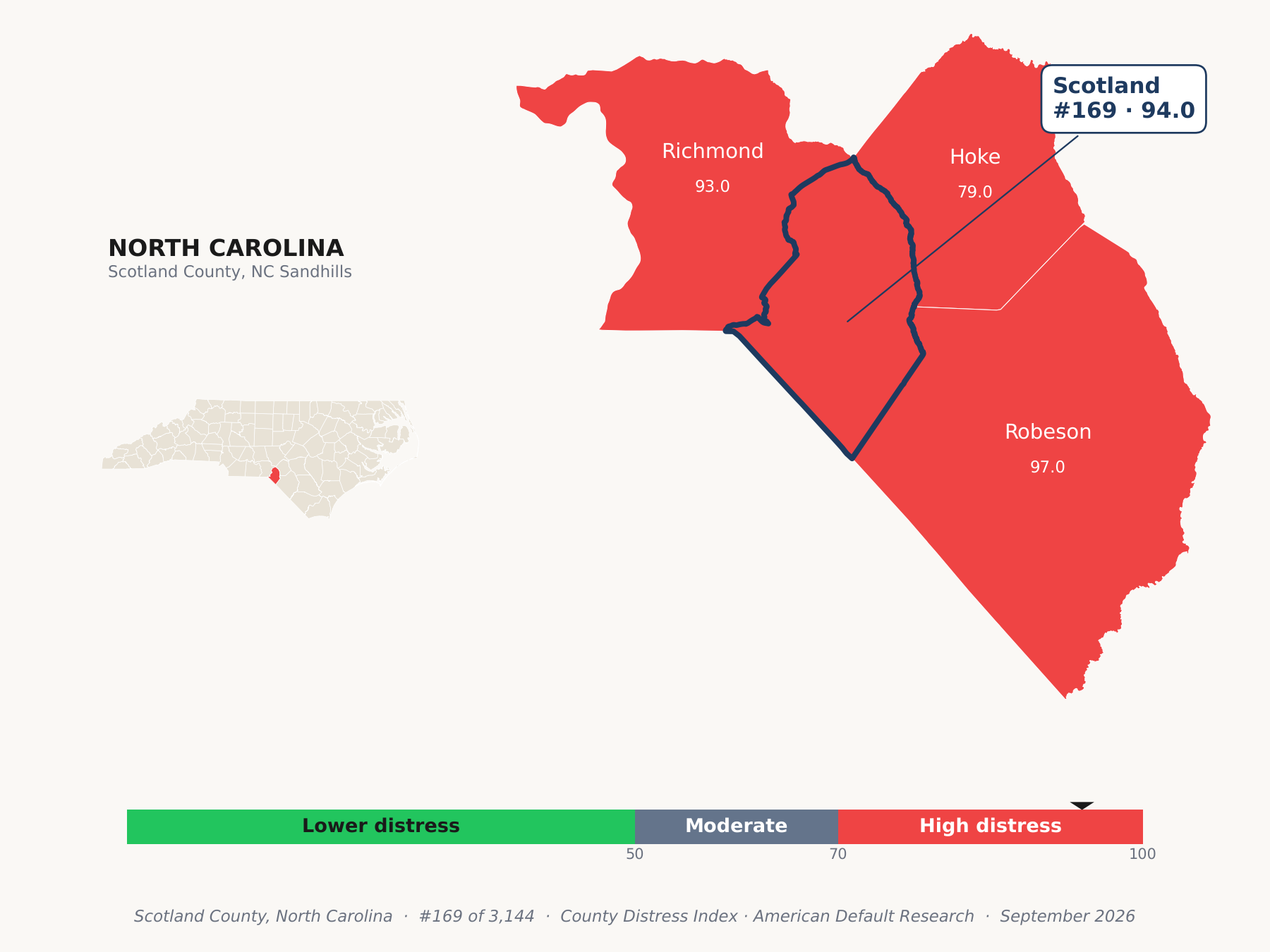 County Distress Index cluster map. Scotland County, North Carolina and its neighbors colored by county distress score label.