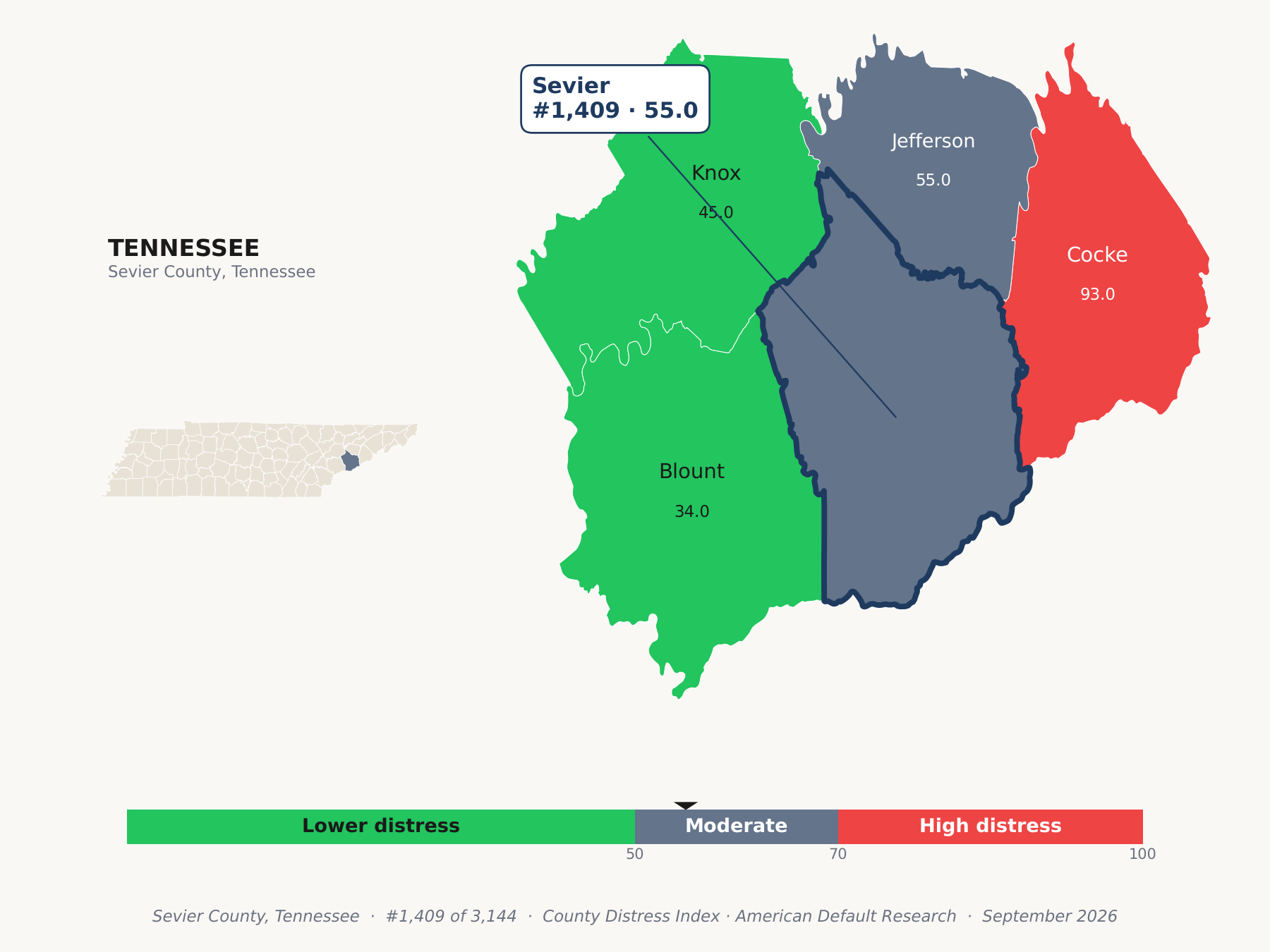 County Distress Index cluster map. Sevier County, Tennessee and its neighbors colored by county distress score label.