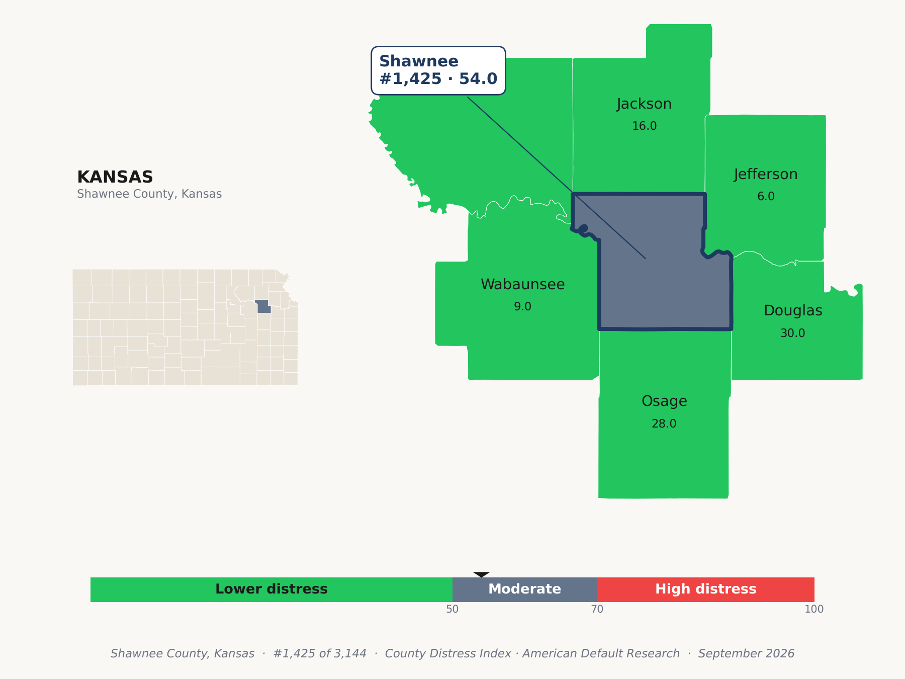 County Distress Index cluster map. Shawnee County, Kansas and its neighbors colored by county distress score label.