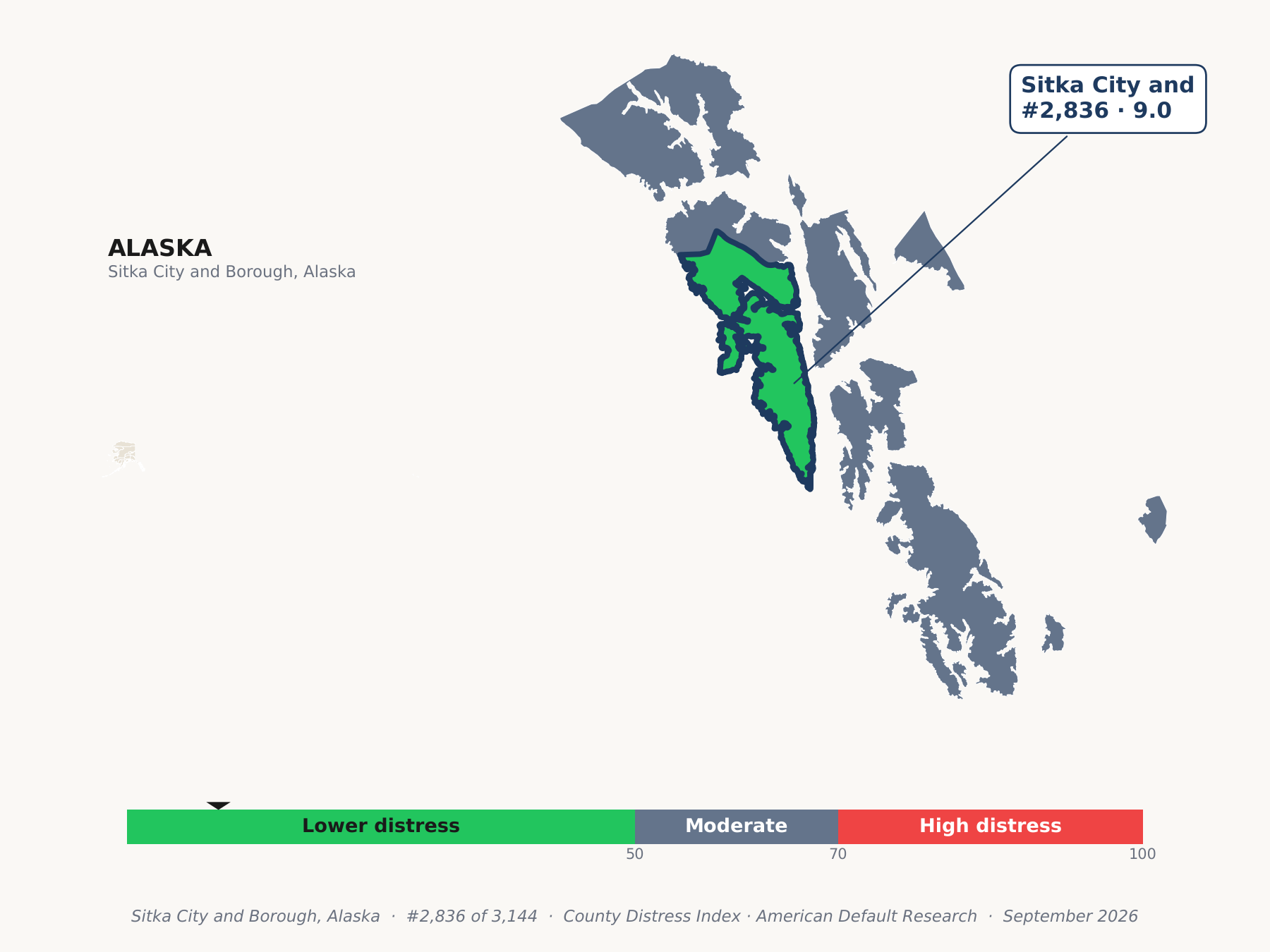 County Distress Index cluster map. Sitka City and Borough, Alaska and its neighbors colored by county distress score label.