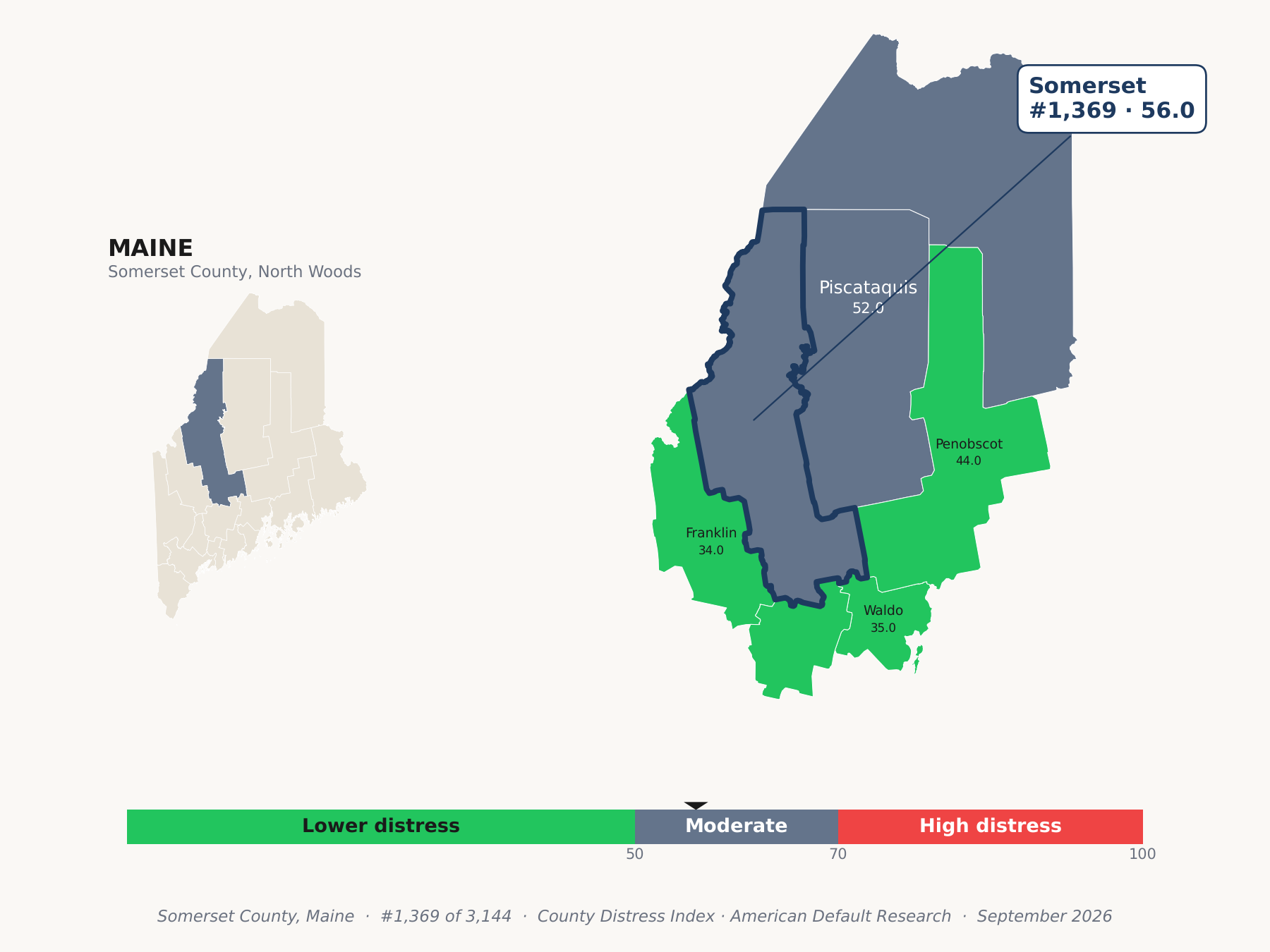 County Distress Index cluster map. Somerset County, Maine and its neighbors colored by county distress score label.
