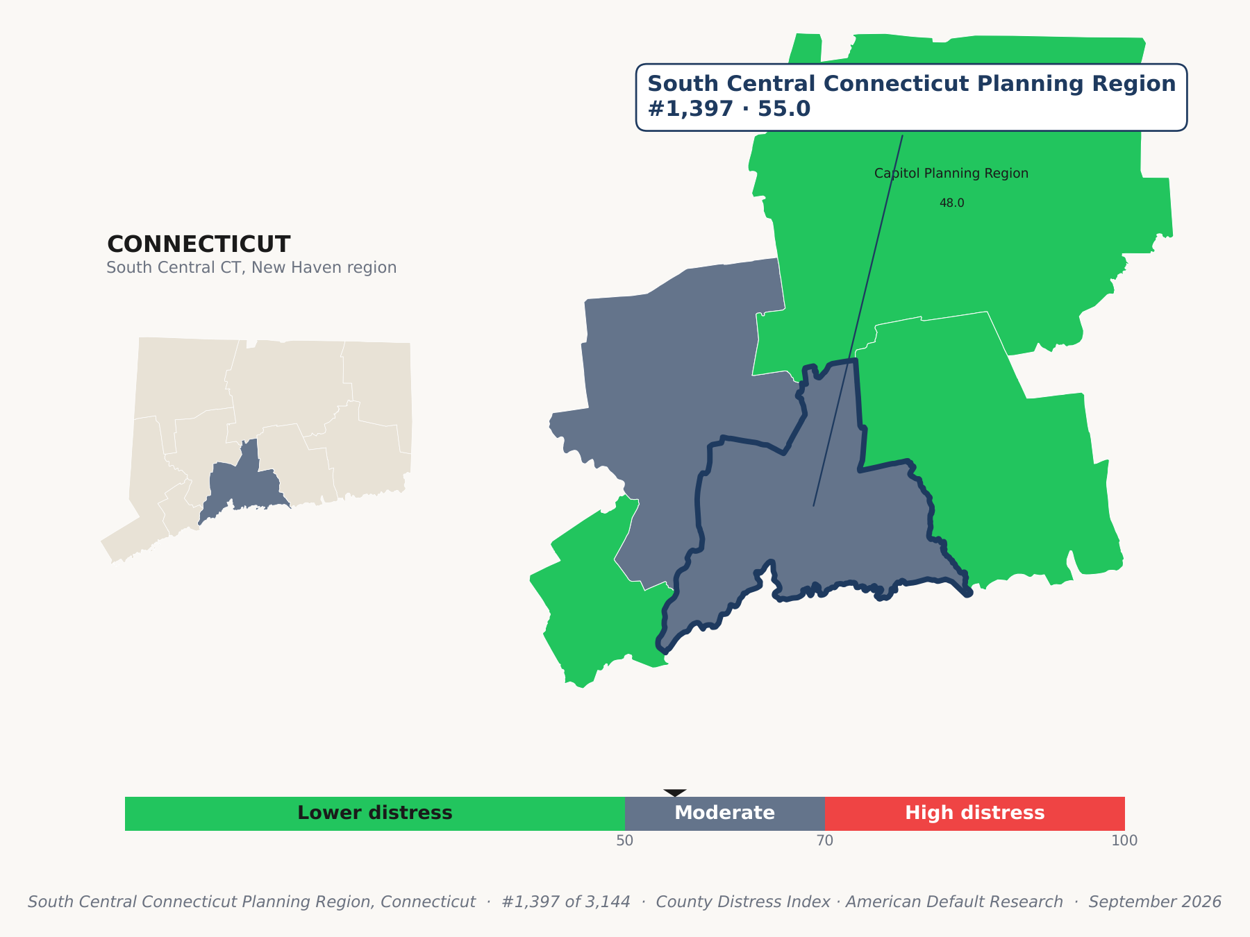 County Distress Index cluster map. South Central Connecticut Planning Region, Connecticut and its neighbors colored by county distress score label.