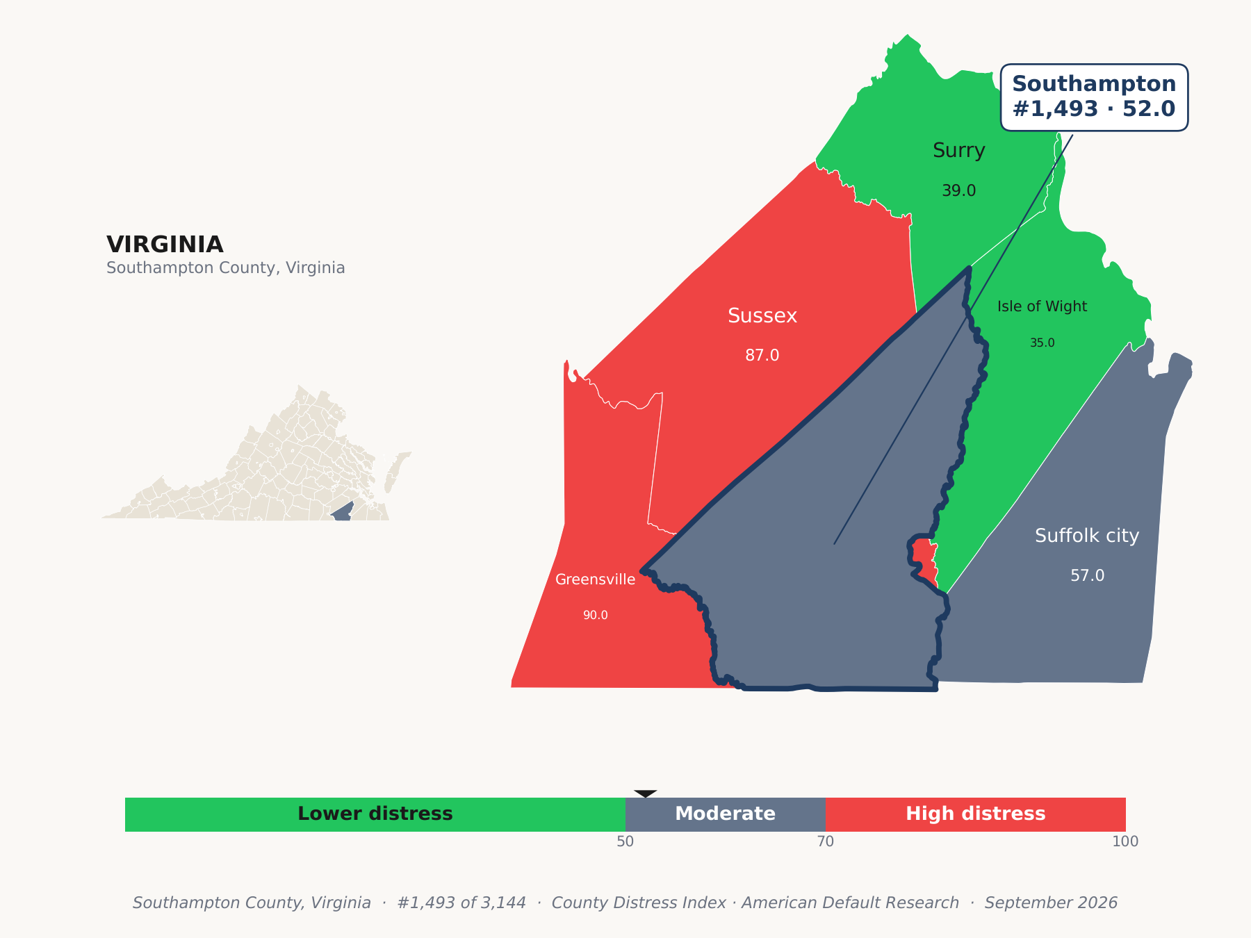 County Distress Index cluster map. Southampton County, Virginia and its neighbors colored by county distress score label.