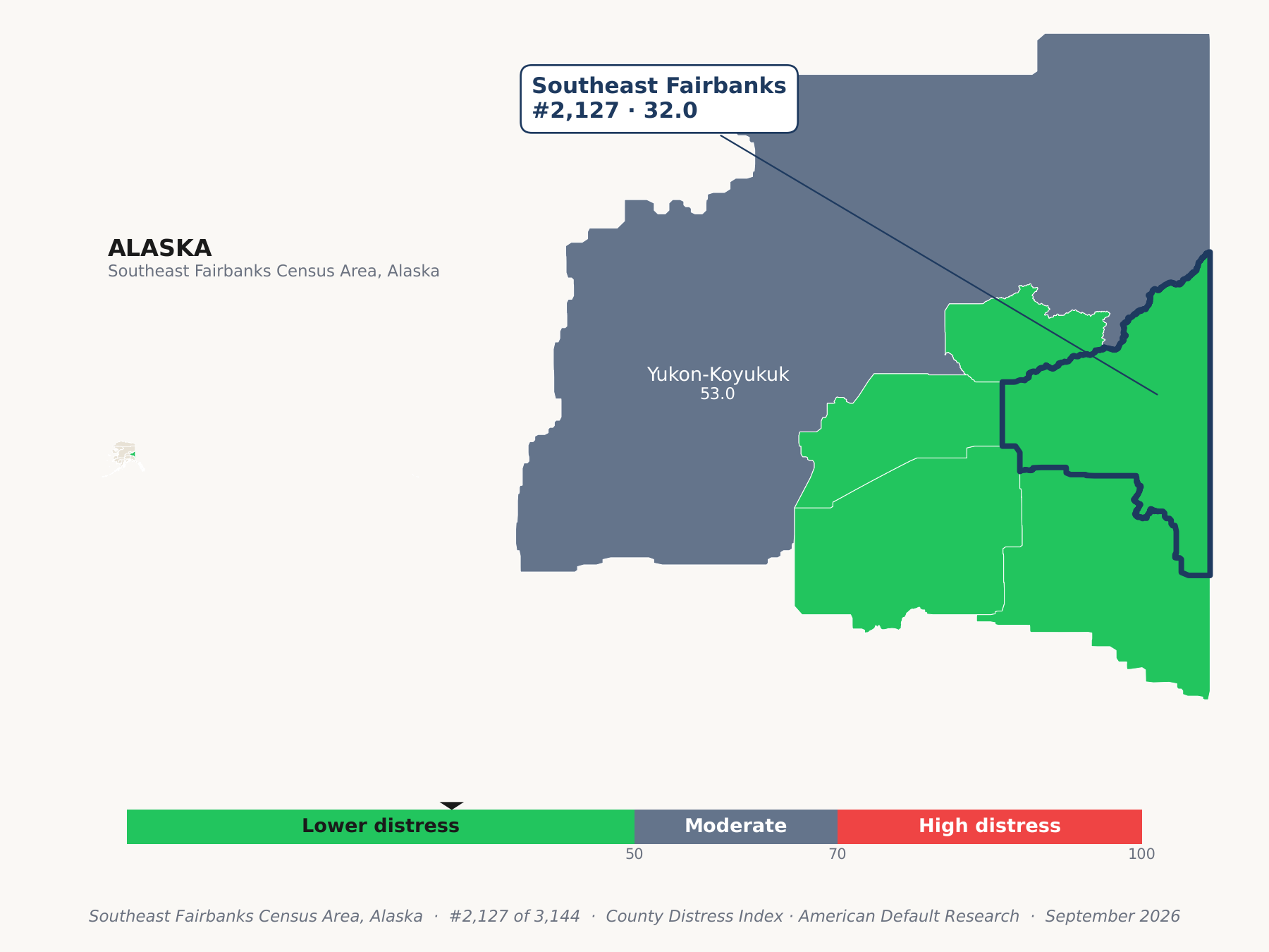 County Distress Index cluster map. Southeast Fairbanks Census Area, Alaska and its neighbors colored by county distress score label.