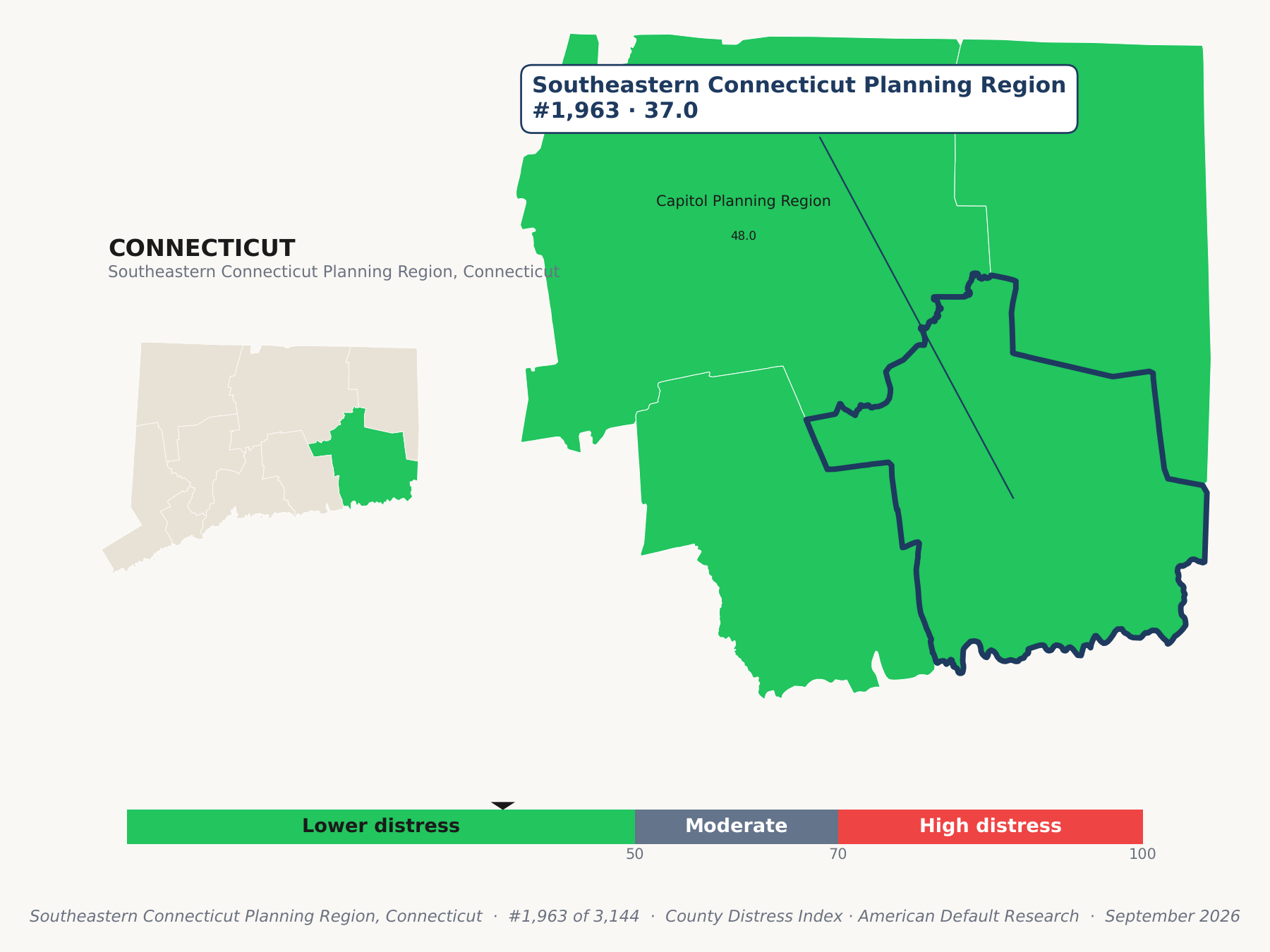County Distress Index cluster map. Southeastern Connecticut Planning Region, Connecticut and its neighbors colored by county distress score label.