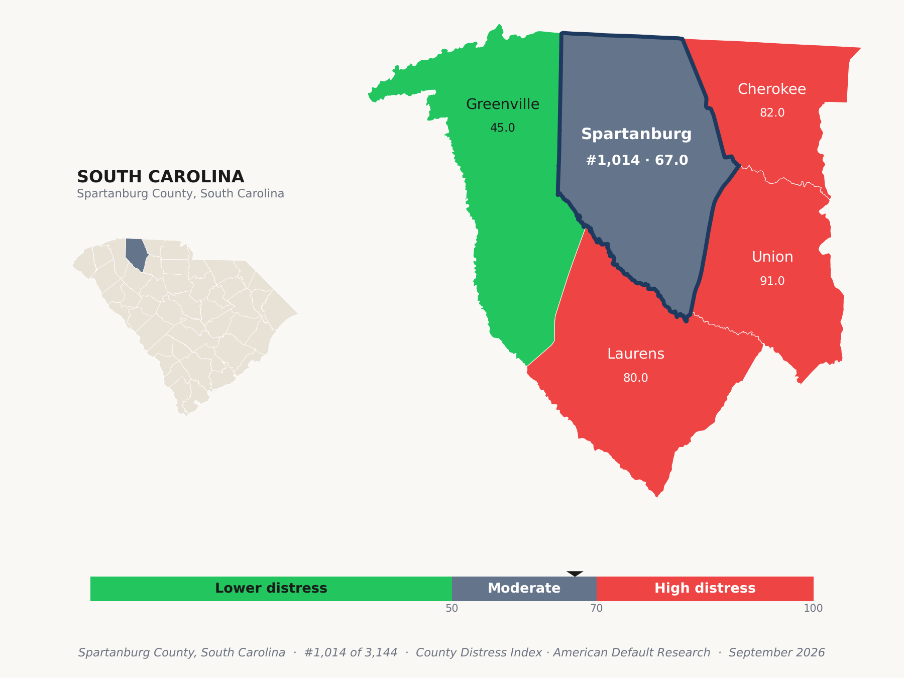 County Distress Index cluster map. Spartanburg County, South Carolina and its neighbors colored by county distress score label.