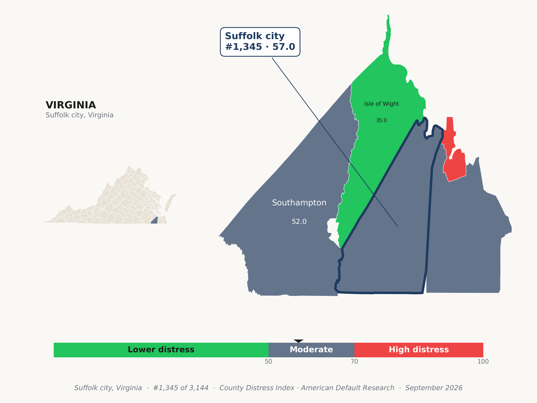 County Distress Index cluster map. Suffolk city, Virginia and its neighbors colored by county distress score label.