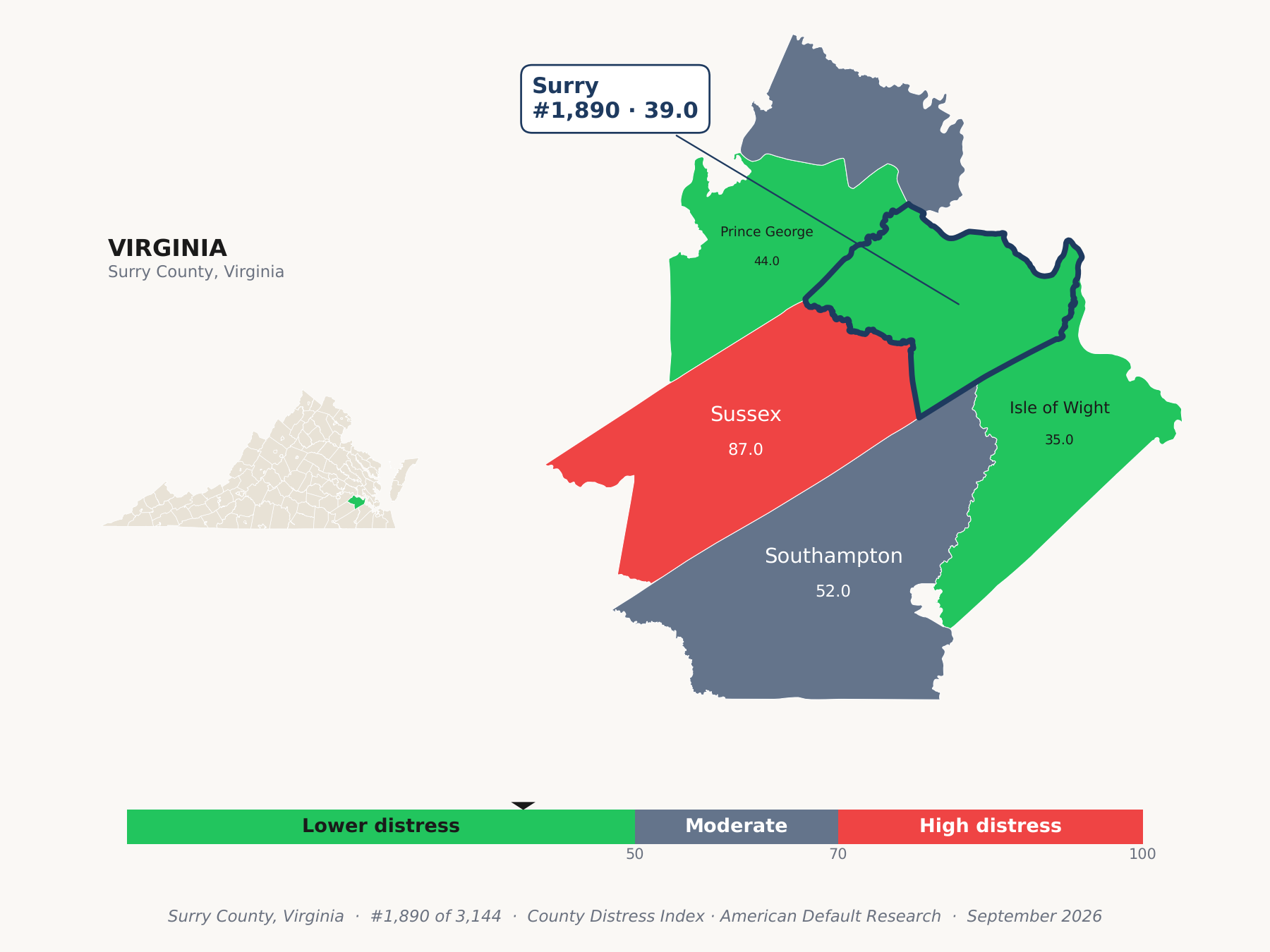 County Distress Index cluster map. Surry County, Virginia and its neighbors colored by county distress score label.