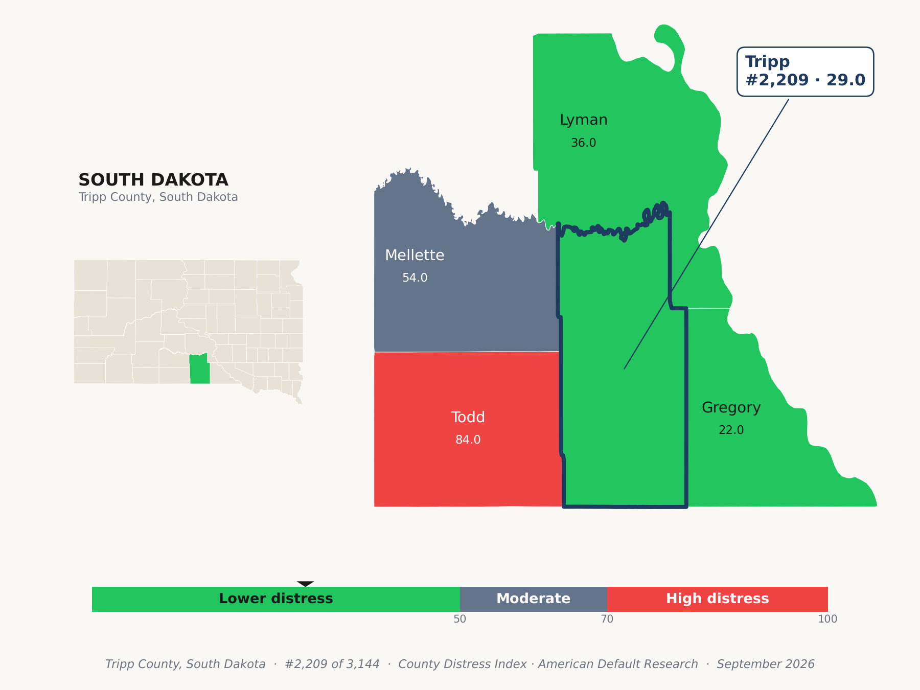 County Distress Index cluster map. Tripp County, South Dakota and its neighbors colored by county distress score label.