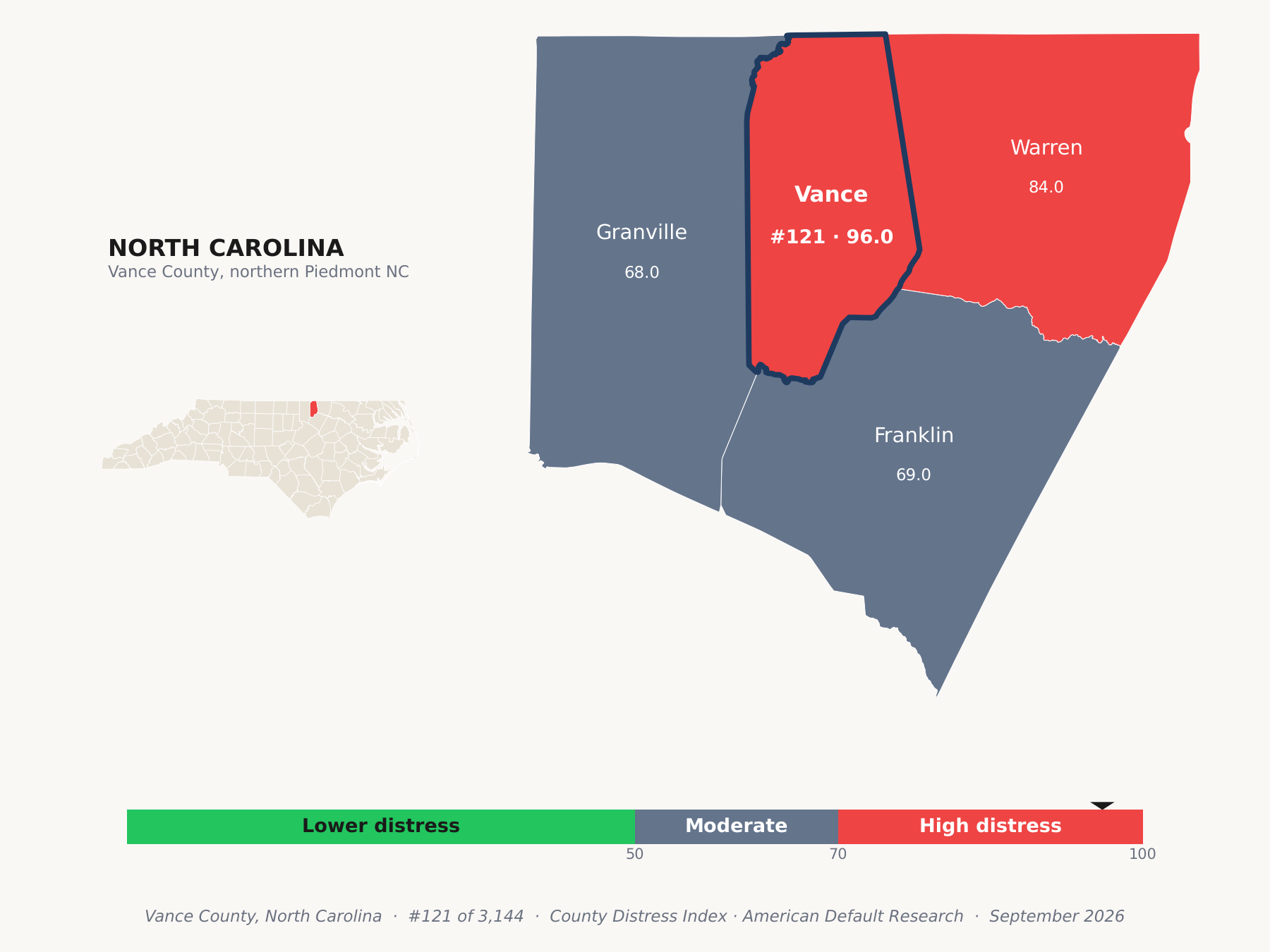 County Distress Index cluster map. Vance County, North Carolina and its neighbors colored by county distress score label.