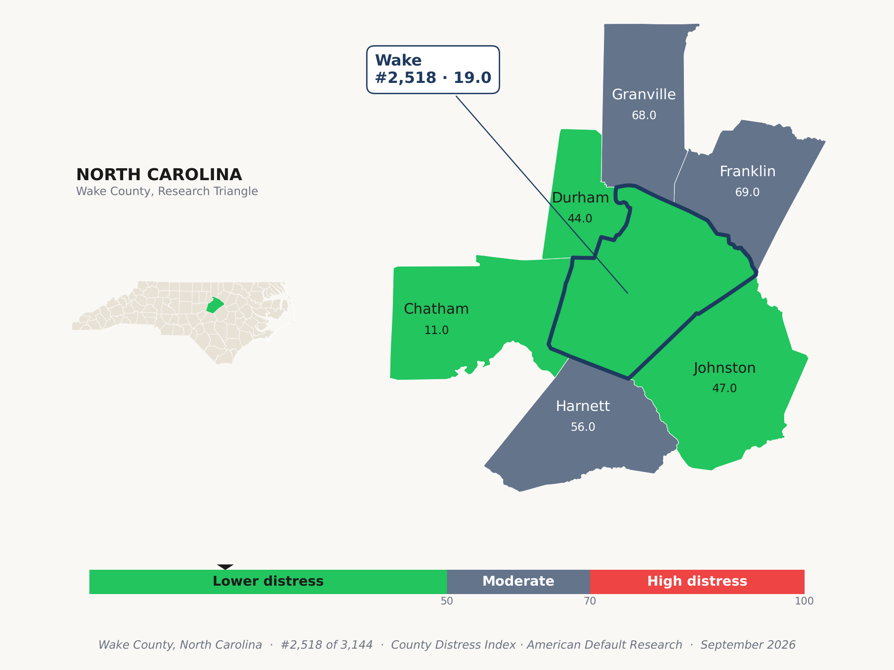 County Distress Index cluster map. Wake County, North Carolina and its neighbors colored by county distress score label.
