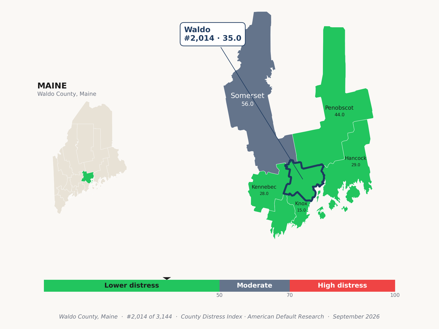 County Distress Index cluster map. Waldo County, Maine and its neighbors colored by county distress score label.