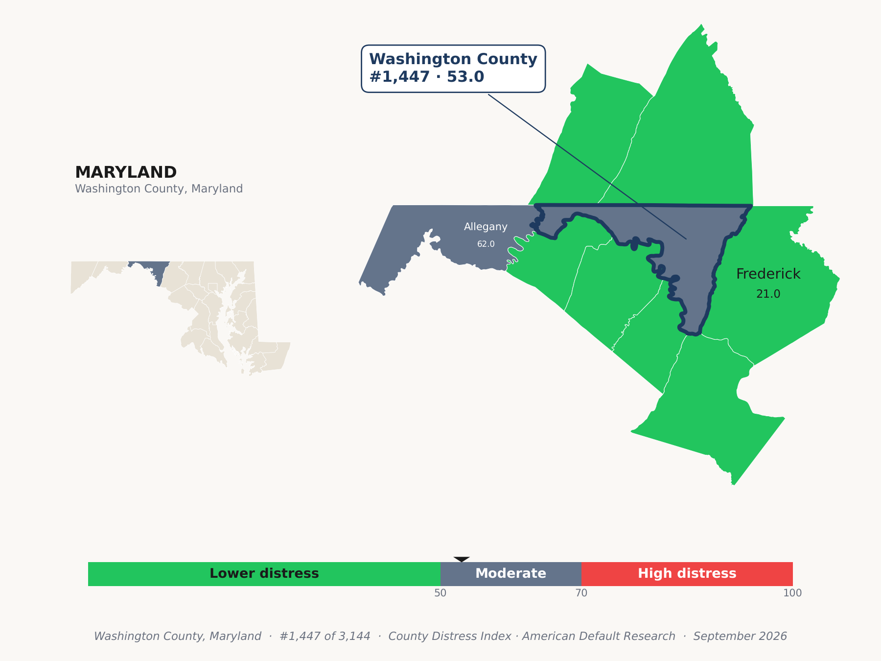 County Distress Index cluster map. Washington County, Maryland and its neighbors colored by county distress score label.