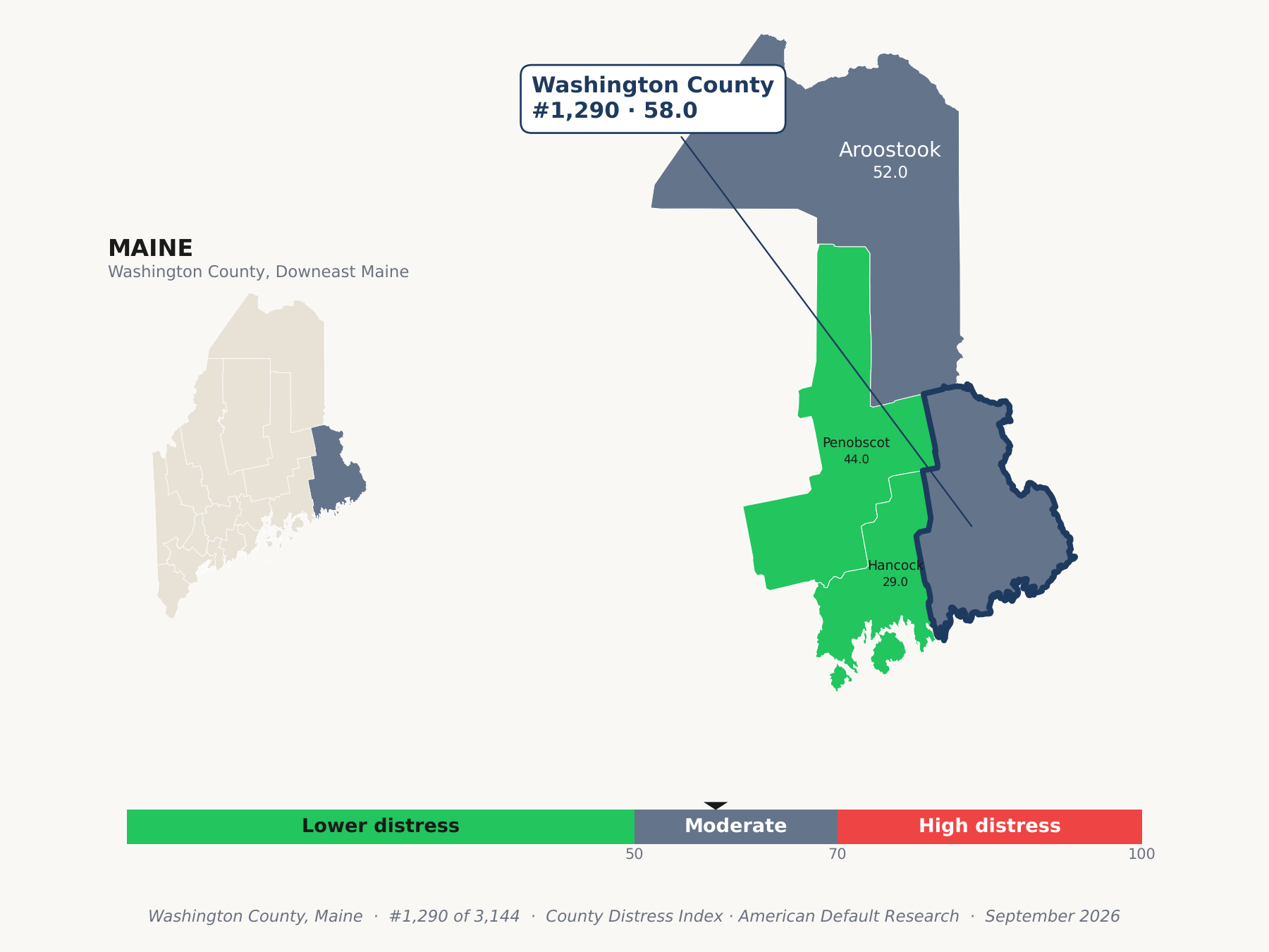 County Distress Index cluster map. Washington County, Maine and its neighbors colored by county distress score label.