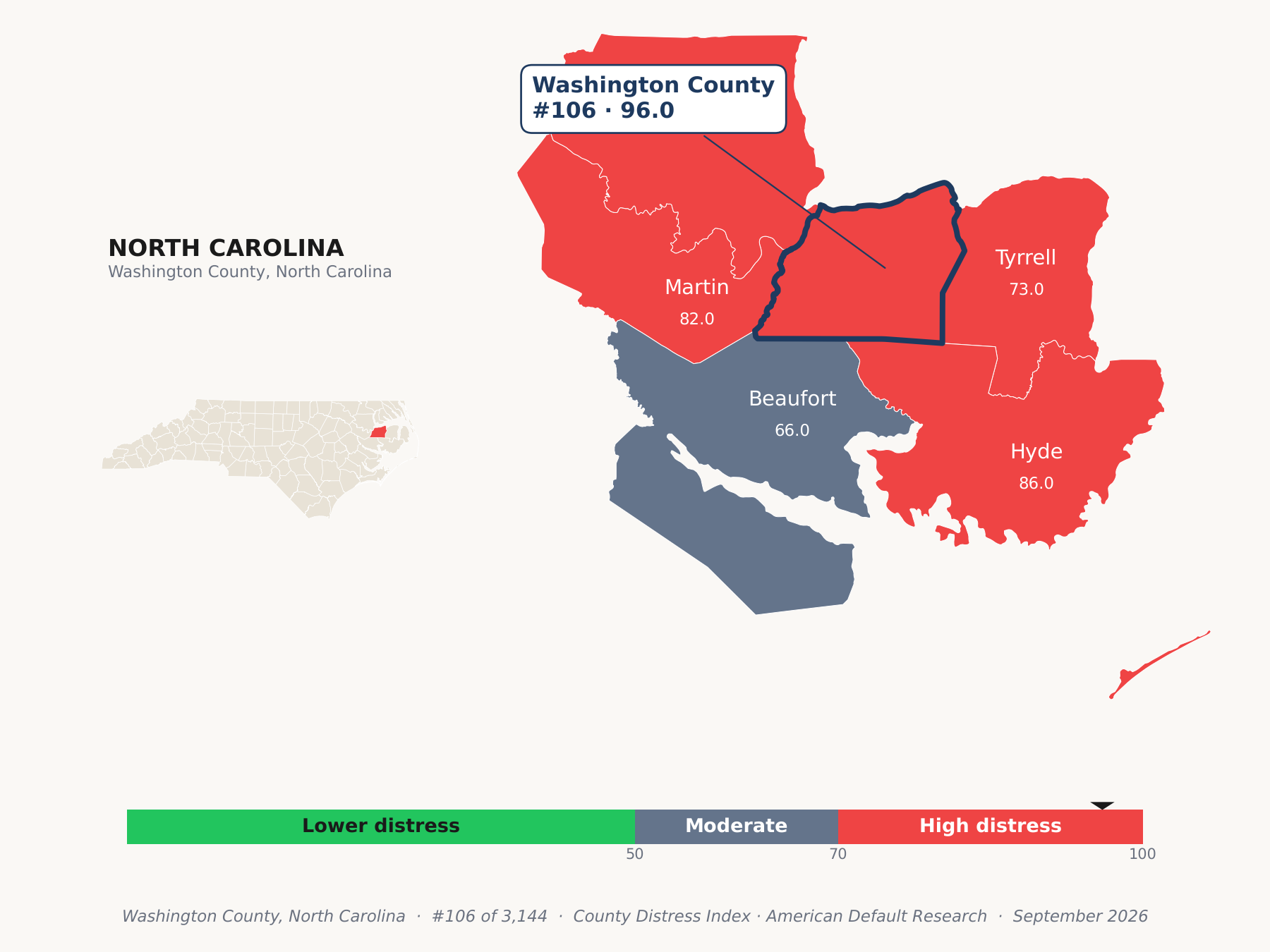 County Distress Index cluster map. Washington County, North Carolina and its neighbors colored by county distress score label.