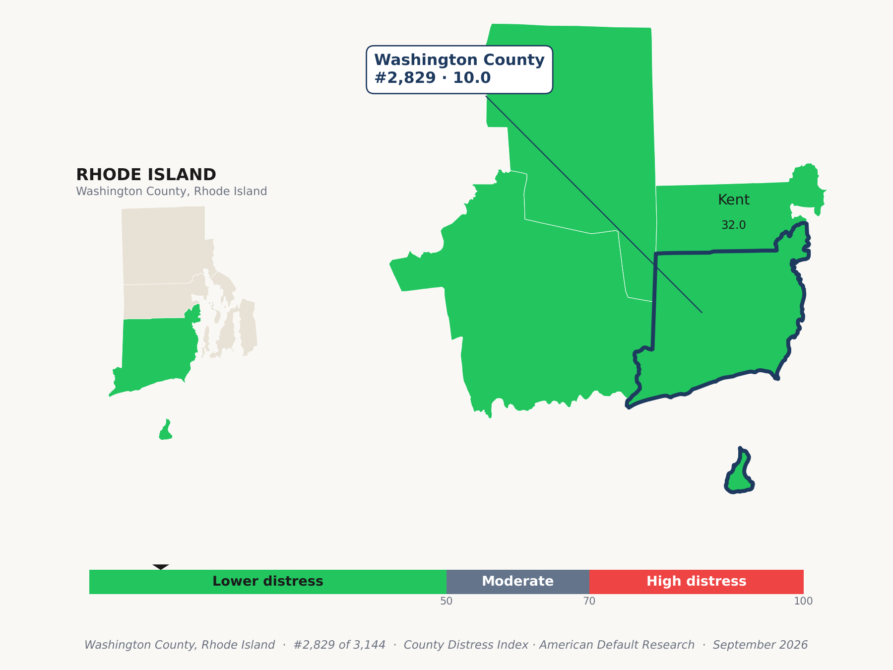 County Distress Index cluster map. Washington County, Rhode Island and its neighbors colored by county distress score label.