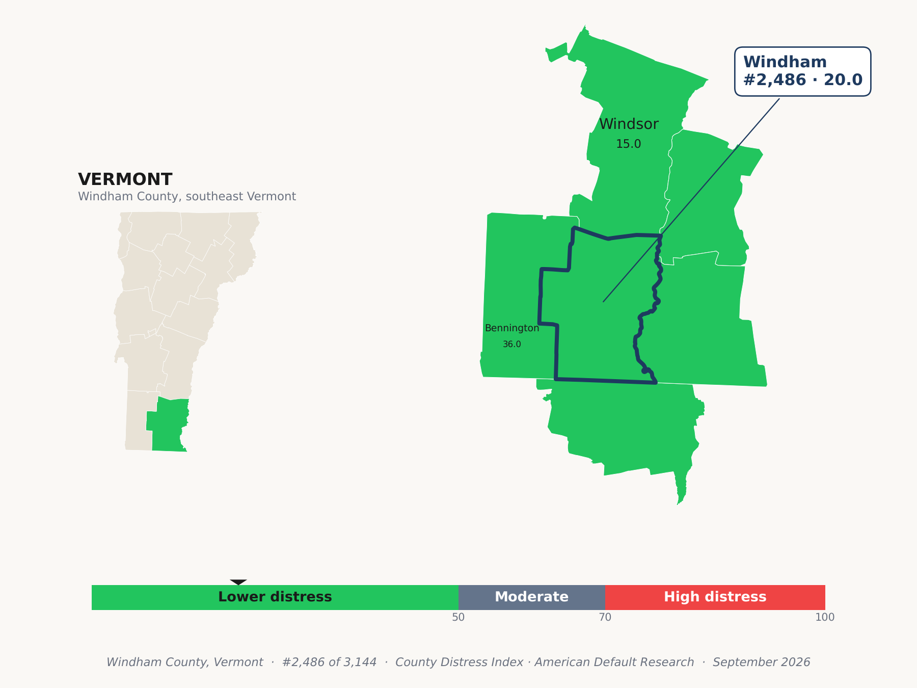 County Distress Index cluster map. Windham County, Vermont and its neighbors colored by county distress score label.
