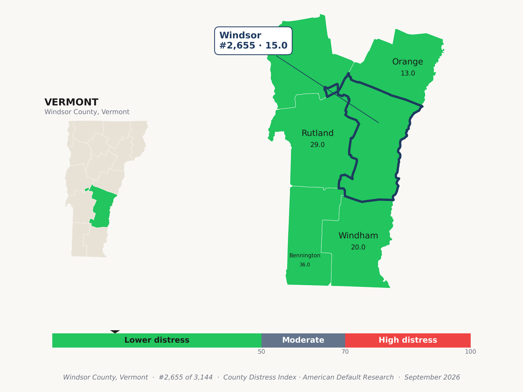 County Distress Index cluster map. Windsor County, Vermont and its neighbors colored by county distress score label.
