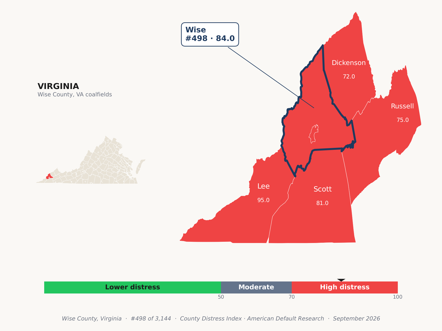 County Distress Index cluster map. Wise County, Virginia and its neighbors colored by county distress score label.