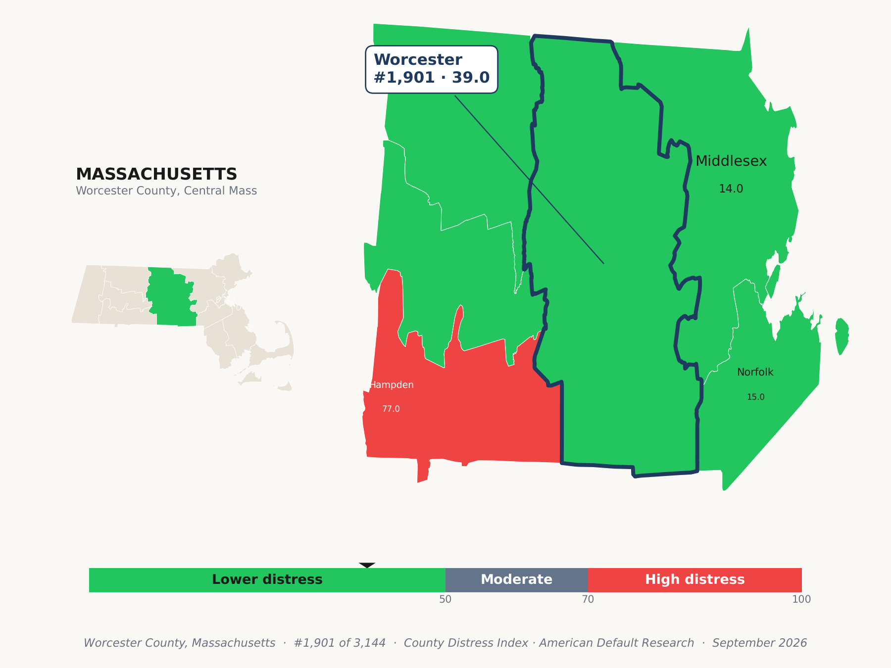County Distress Index cluster map. Worcester County, Massachusetts and its neighbors colored by county distress score label.