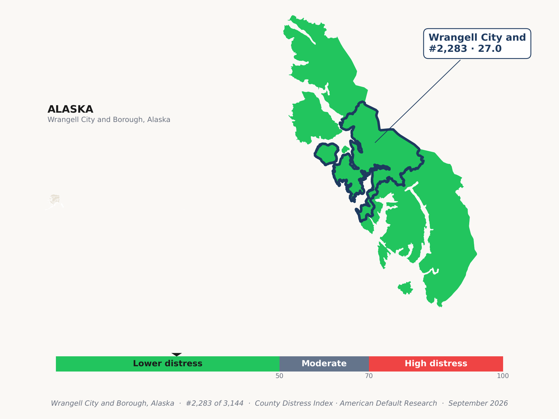 County Distress Index cluster map. Wrangell City and Borough, Alaska and its neighbors colored by county distress score label.