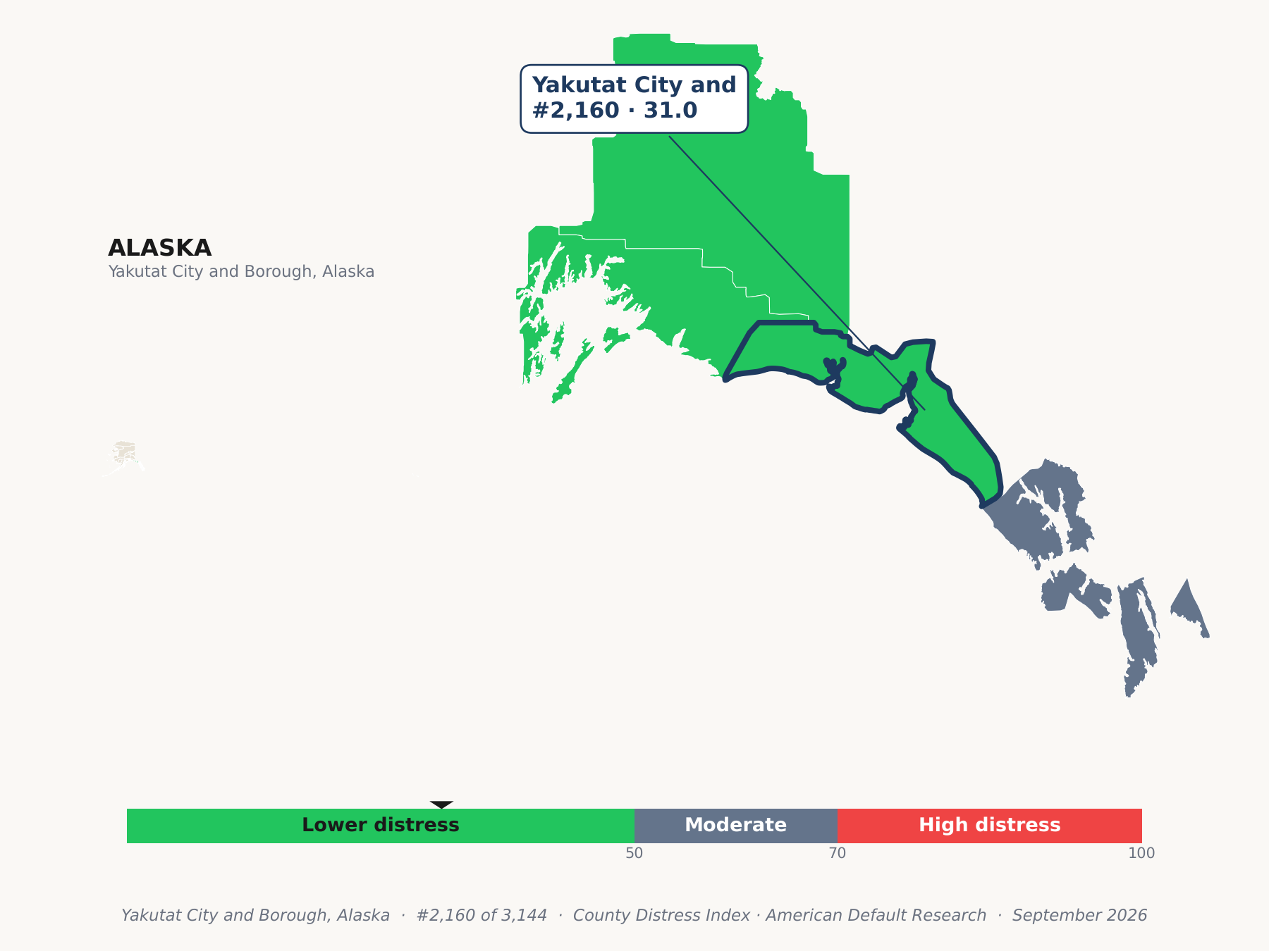 County Distress Index cluster map. Yakutat City and Borough, Alaska and its neighbors colored by county distress score label.