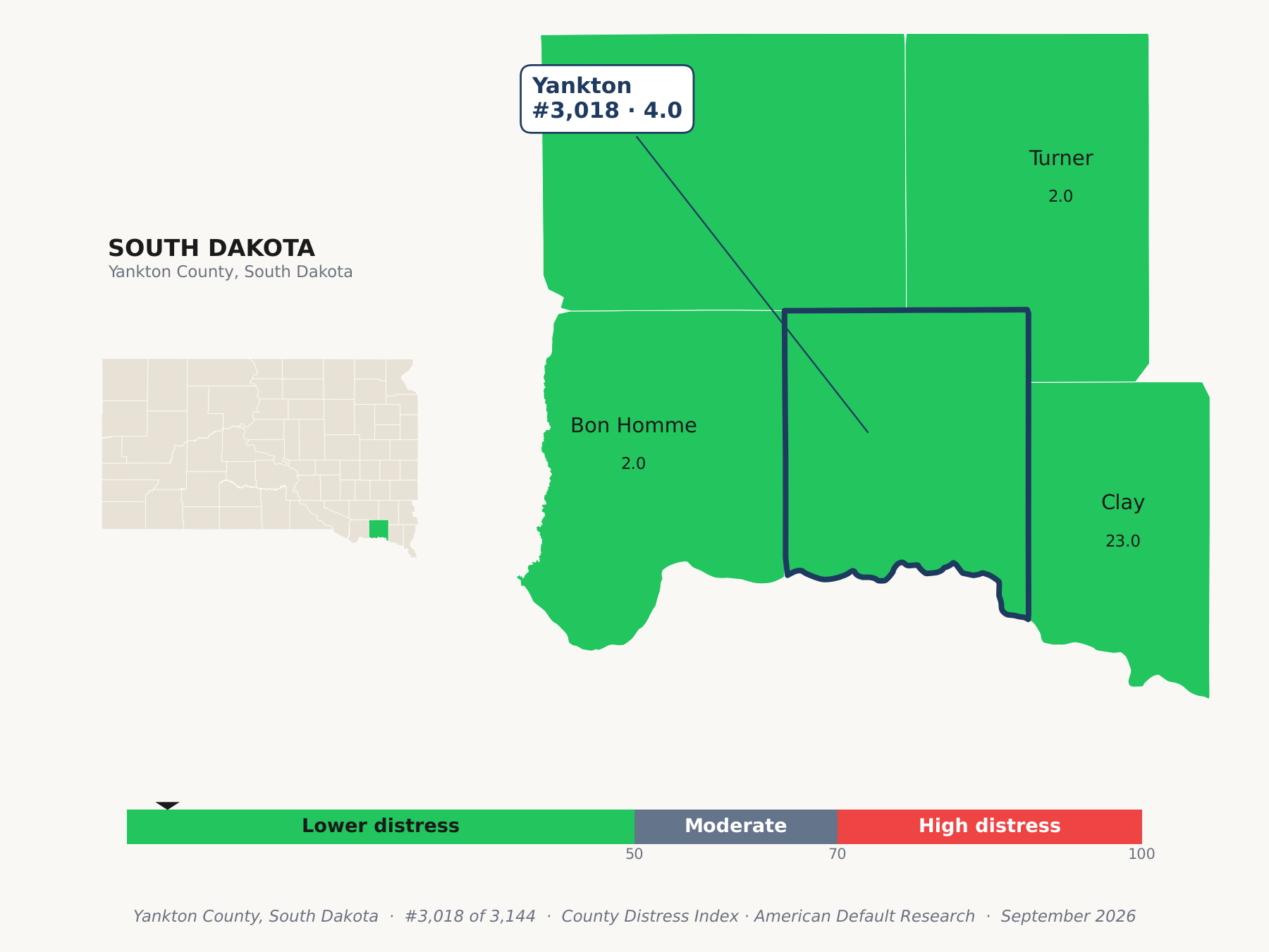 County Distress Index cluster map. Yankton County, South Dakota and its neighbors colored by county distress score label.